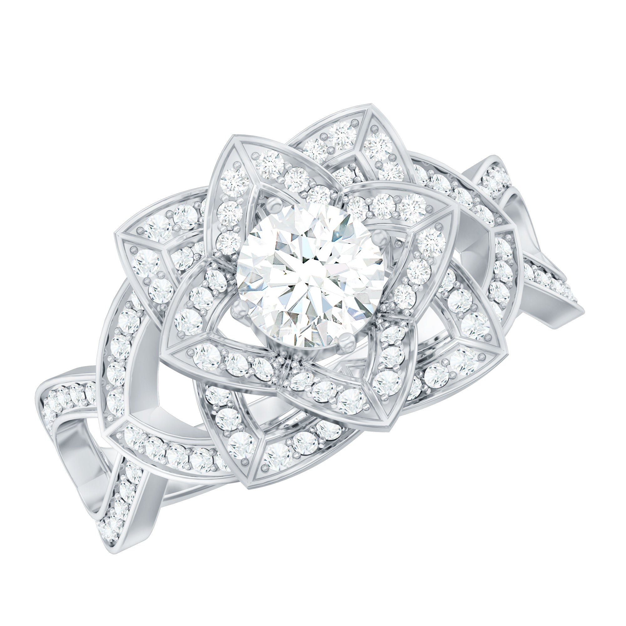 Vintage Style Zircon Floral Engagement Ring with Split Shank