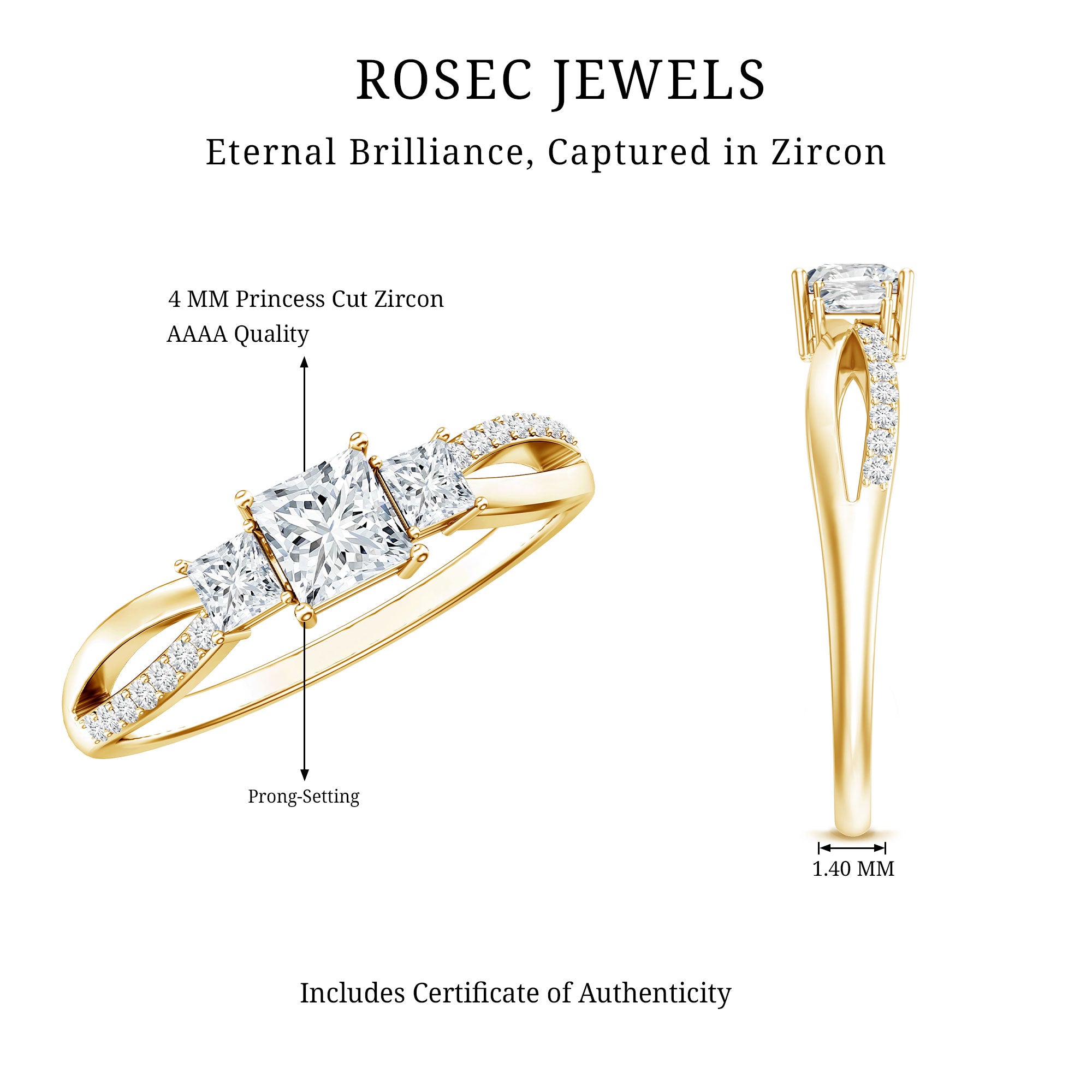 3/4 CT Princess Cut Three Stone Zircon Infinity Promise Ring AAAA - Rosec Jewels