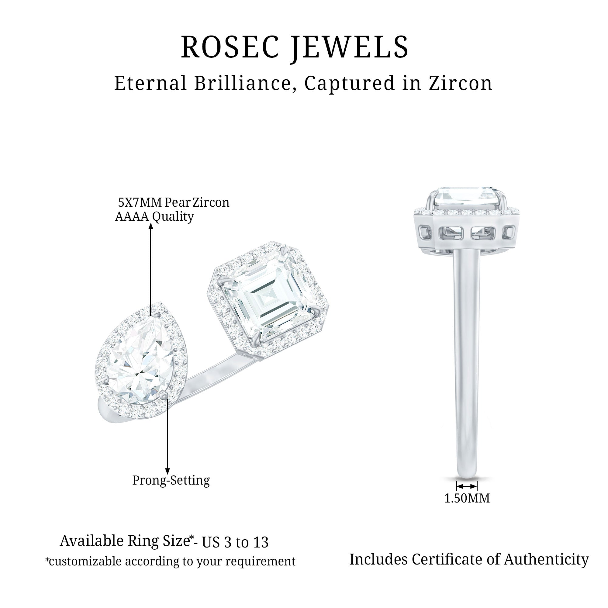 Certified Simulated Diamond Two Stone Cuff Engagement Ring AAAA - Rosec Jewels