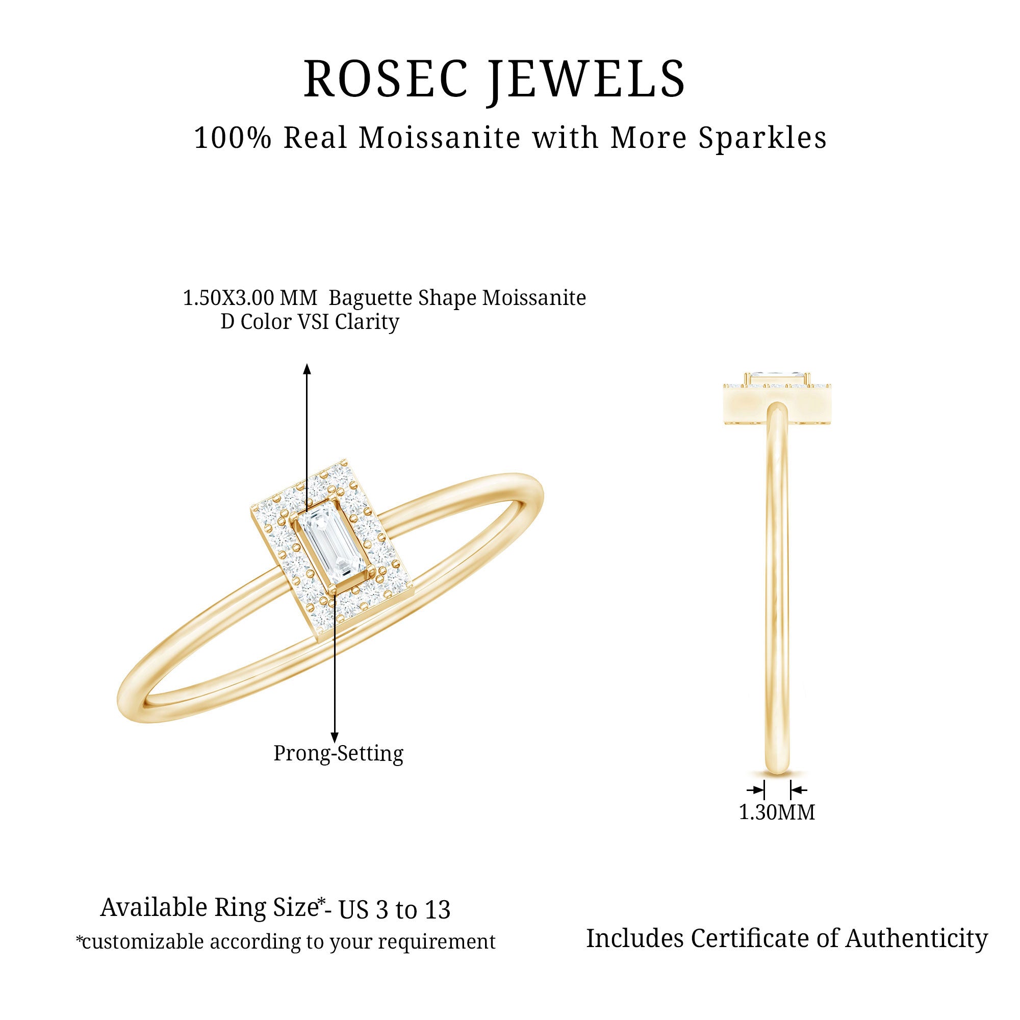 Rosec Jewels-Dainty Baguette Cut Moissanite Promise Ring with Halo