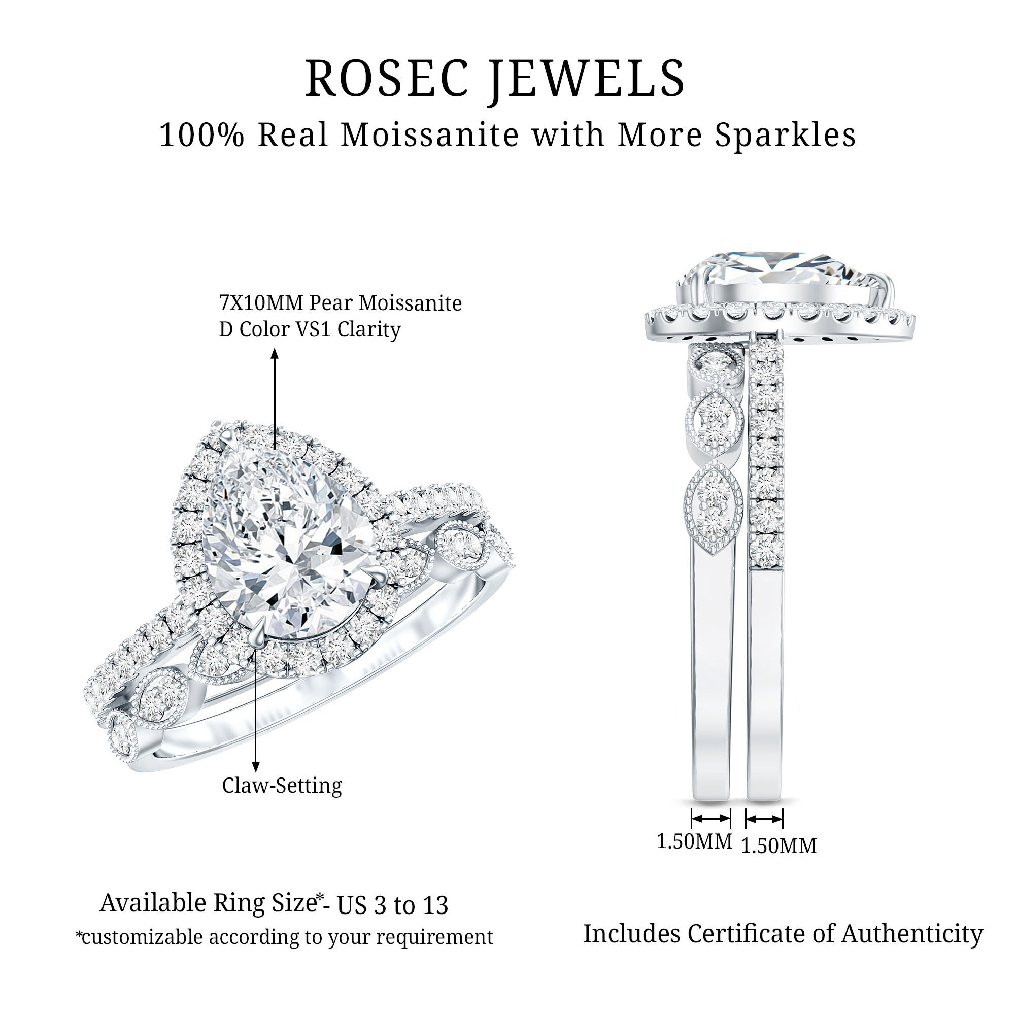 Certified Moissanite Teardrop Engagement Ring Set D-VS1 - Rosec Jewels