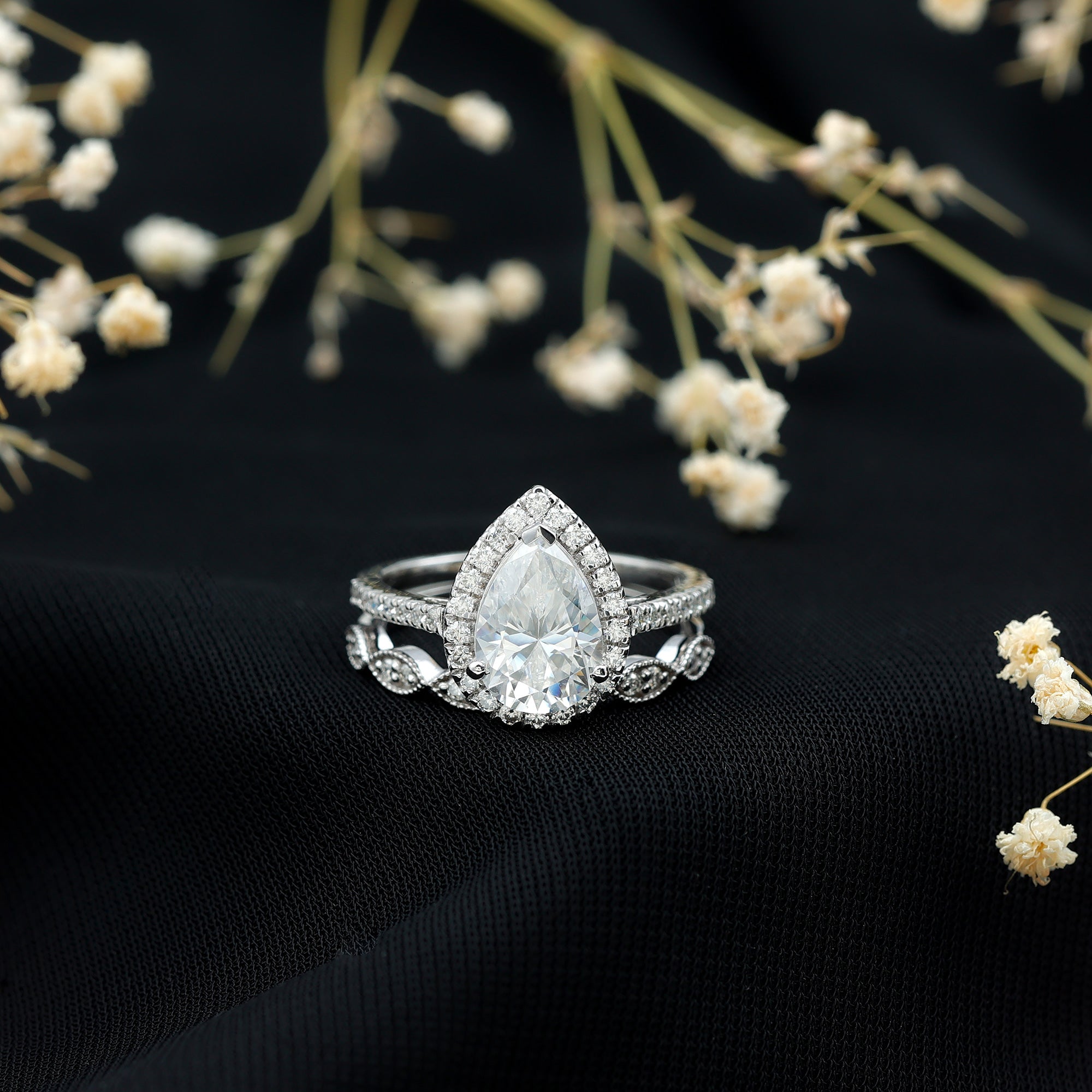 Certified Moissanite Teardrop Engagement Ring Set D-VS1 - Rosec Jewels