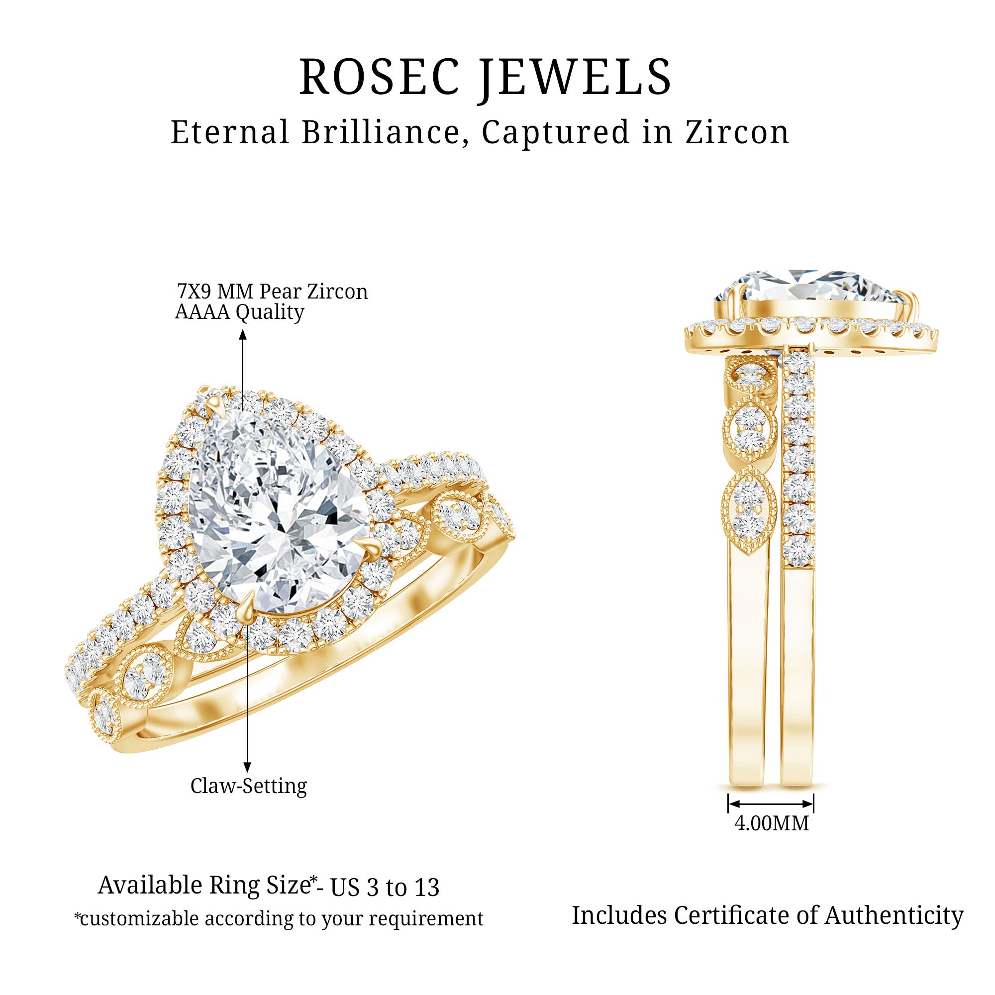 1.49 Carat Cubic Zirconia Teardrop Wedding Ring Set for Women AAAA - Rosec Jewels