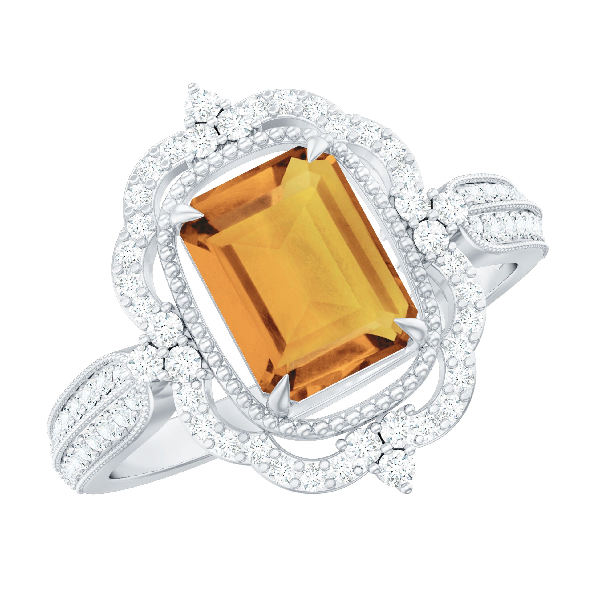 Vintage Inspired Citrine Emerald Cut Engagement Ring with Moissanite Halo AAA - Rosec Jewels