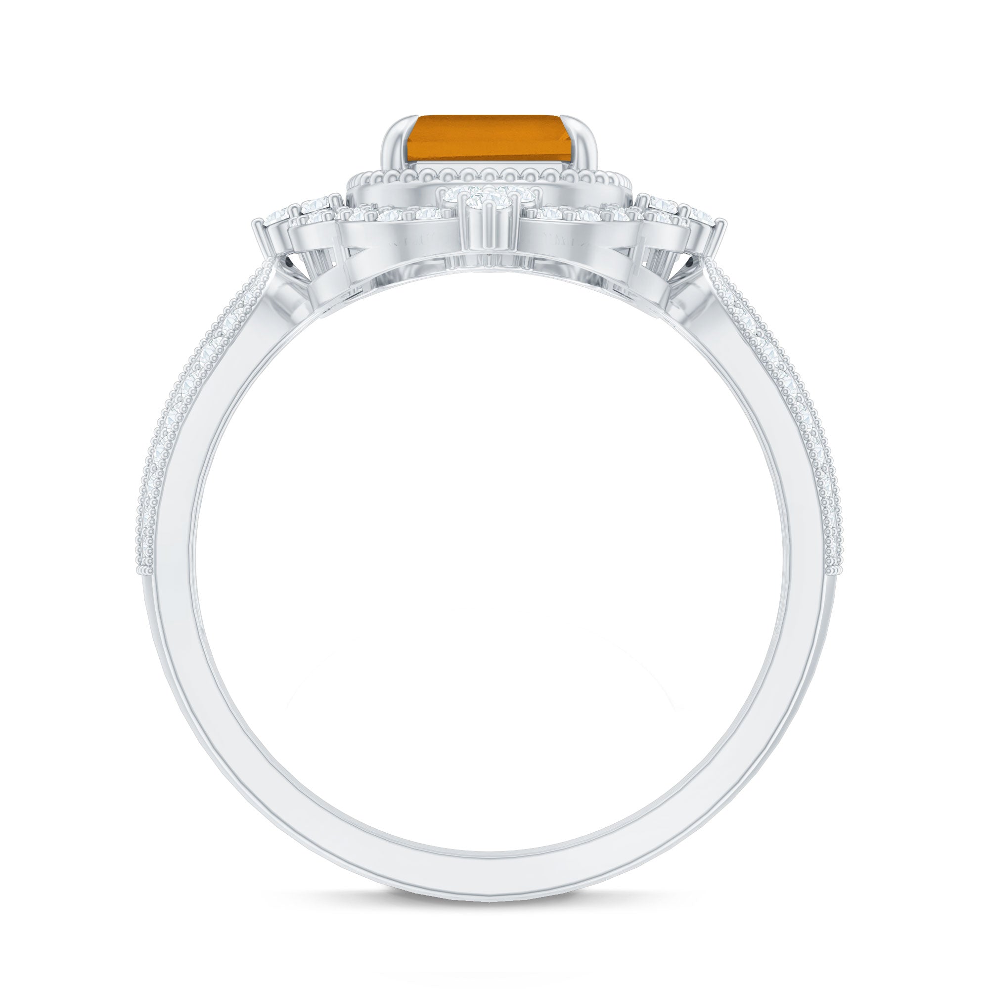 Vintage Inspired Citrine Emerald Cut Engagement Ring with Moissanite Halo AAA - Rosec Jewels