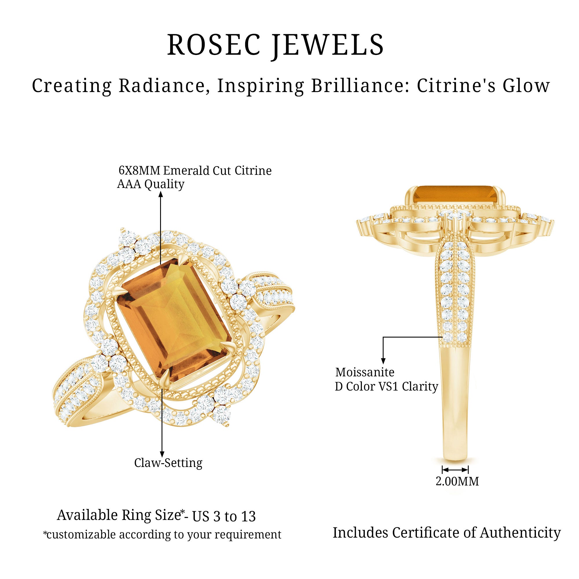 Vintage Inspired Citrine Emerald Cut Engagement Ring with Moissanite Halo AAA - Rosec Jewels