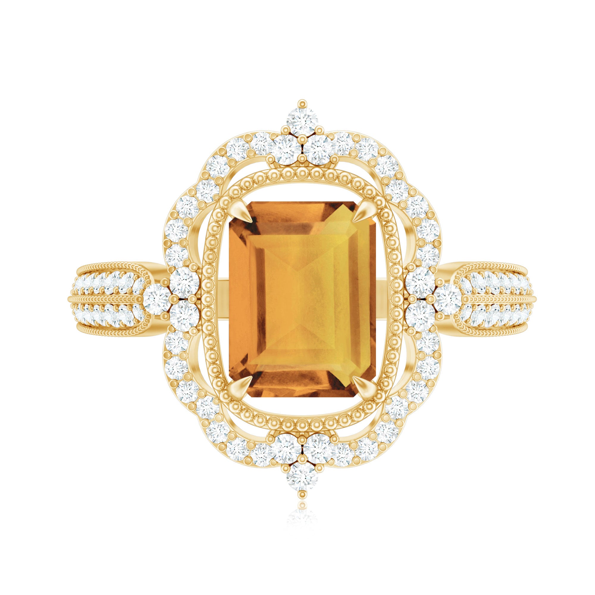 Vintage Inspired Citrine Emerald Cut Engagement Ring with Moissanite Halo AAA - Rosec Jewels