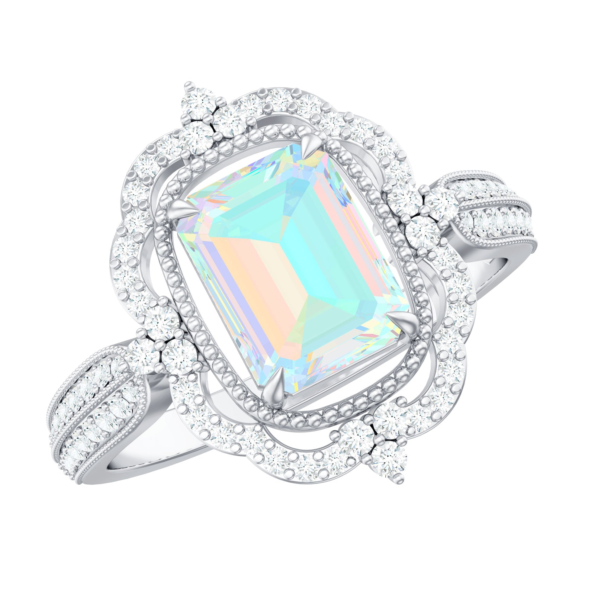 Real 6X8mm Emerald Cut Opalescent Antique Looking Engagement Ring with Diamond Halo