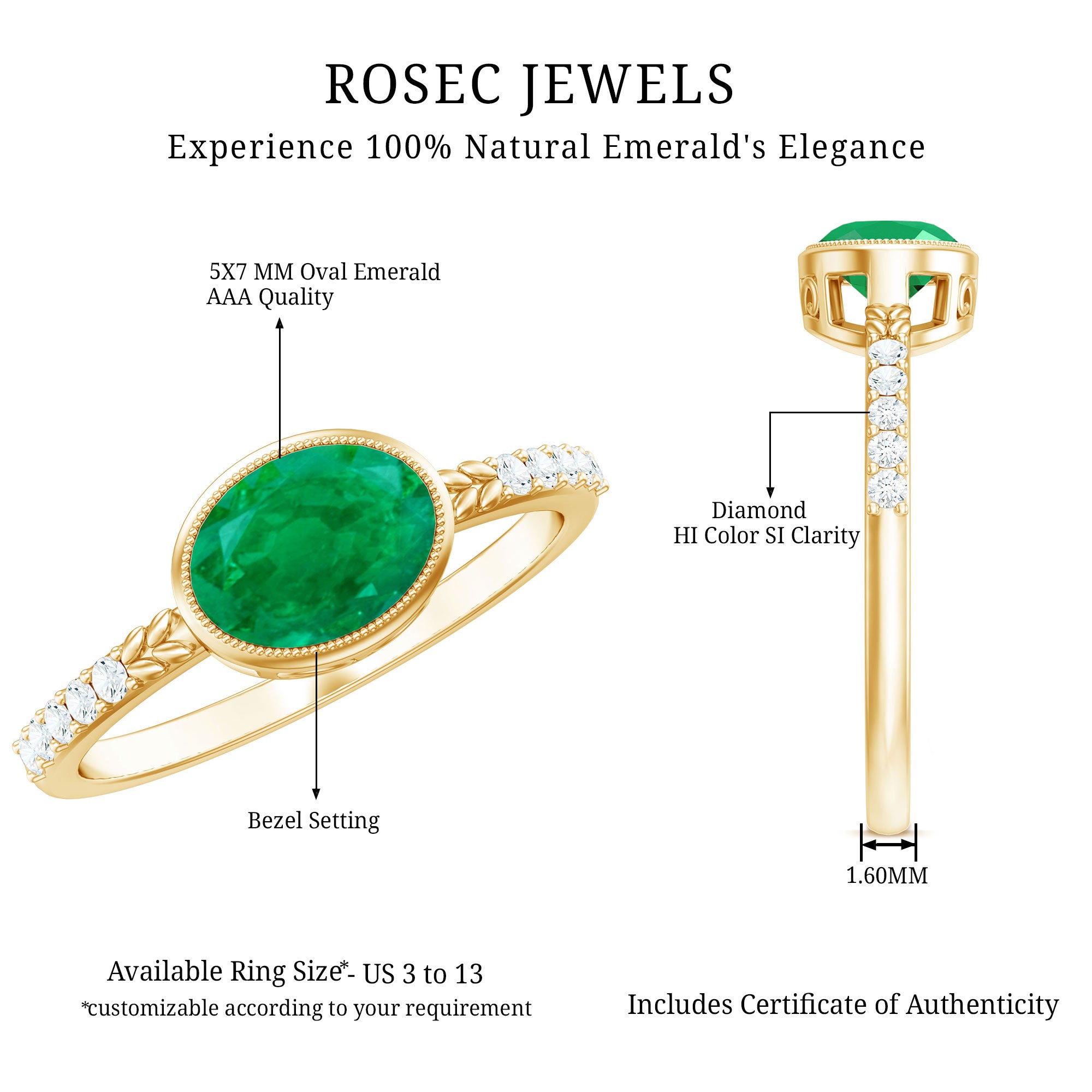 Rosec Jewels-Natural Oval Shape Emerald East West Engagement Ring with Diamond