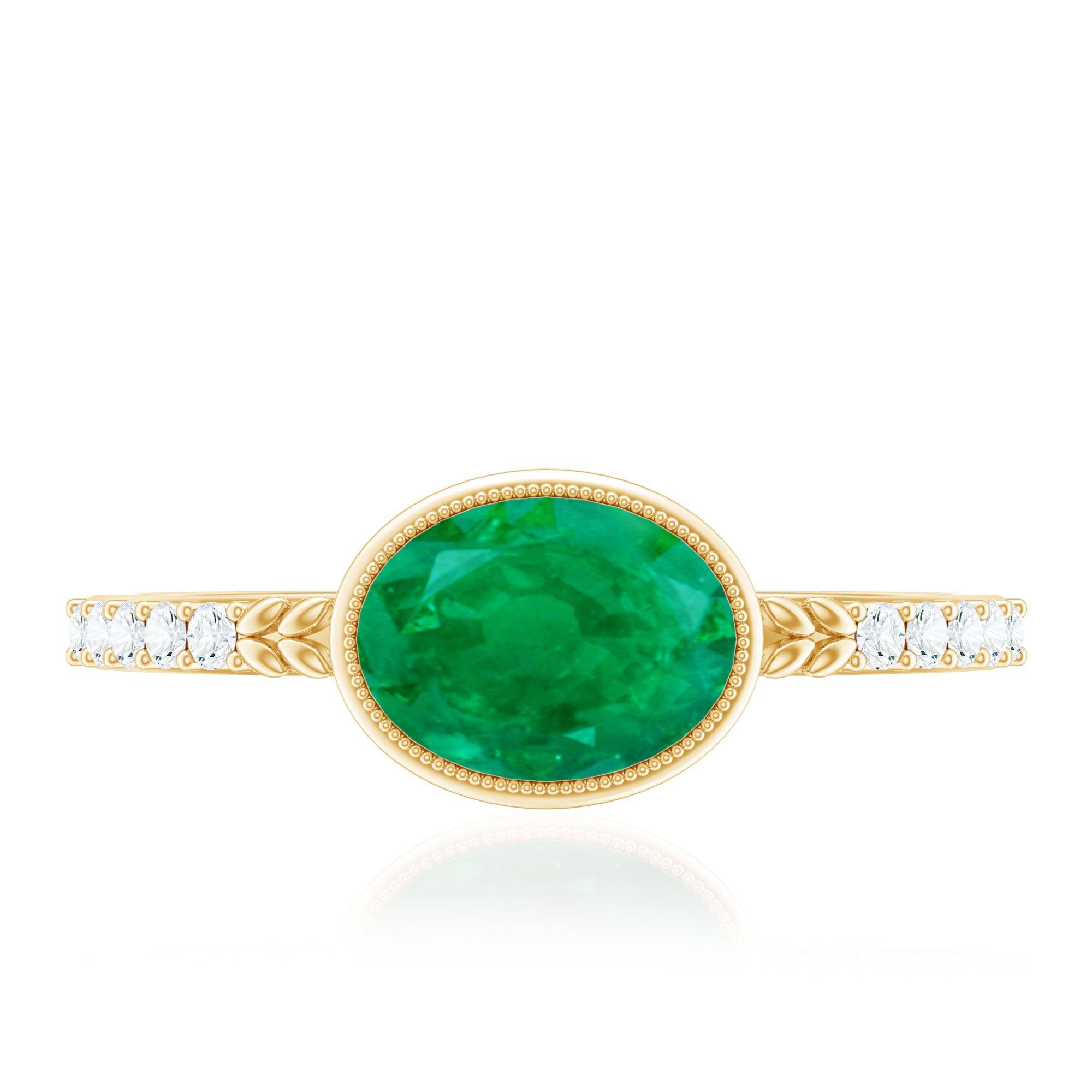 Rosec Jewels-Natural Oval Shape Emerald East West Engagement Ring with Diamond