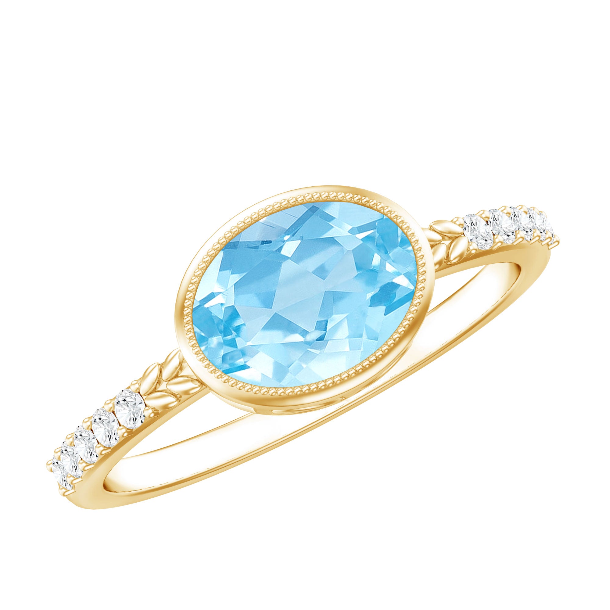 Natural Aquamarine Diamond Oval Engagement Ring in East West Style AAA - Rosec Jewels