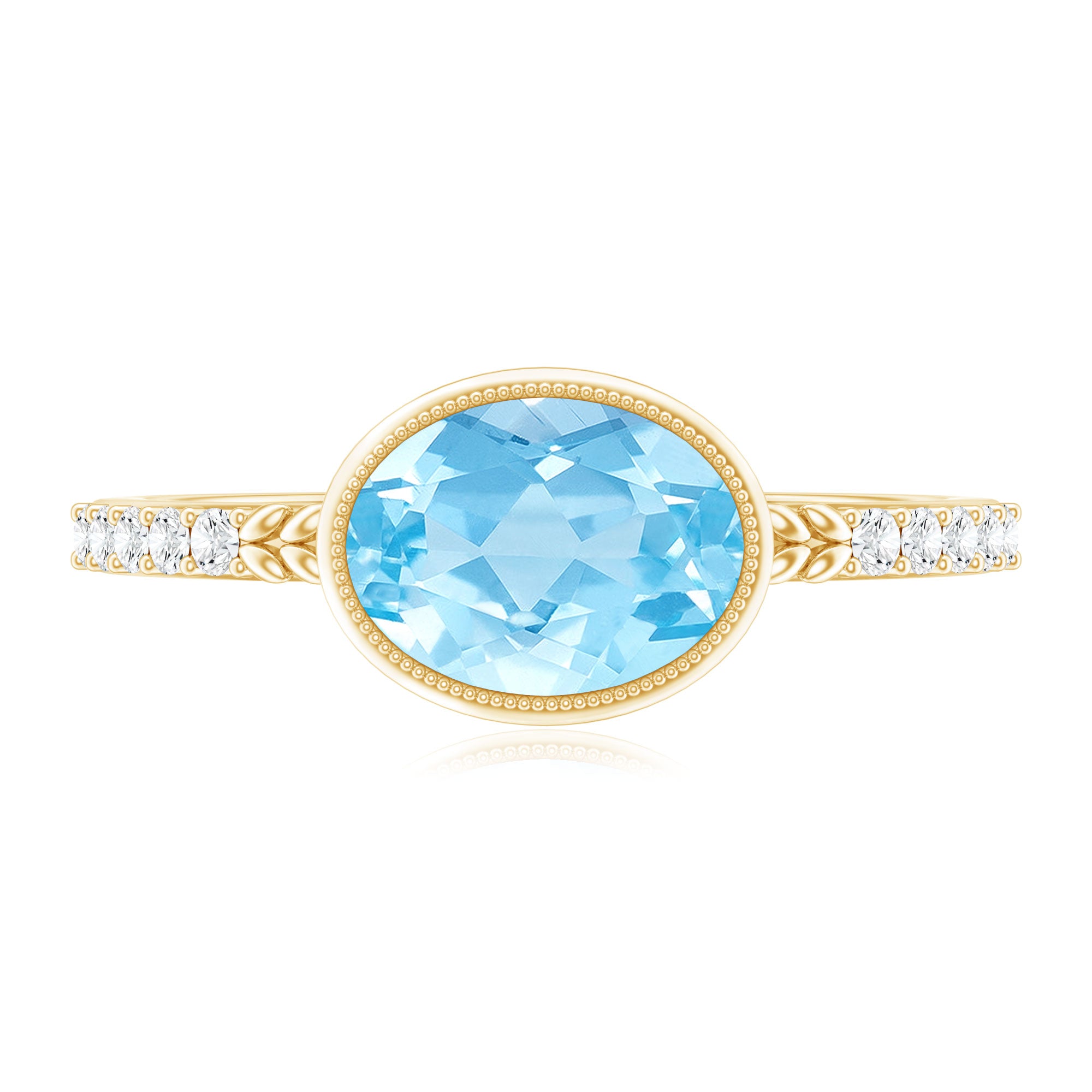 Natural Aquamarine Diamond Oval Engagement Ring in East West Style AAA - Rosec Jewels