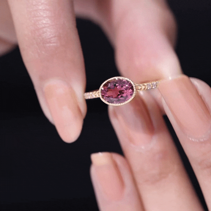1 Carat Oval Pink Tourmaline East West Engagement Ring with Diamond AAA - Rosec Jewels