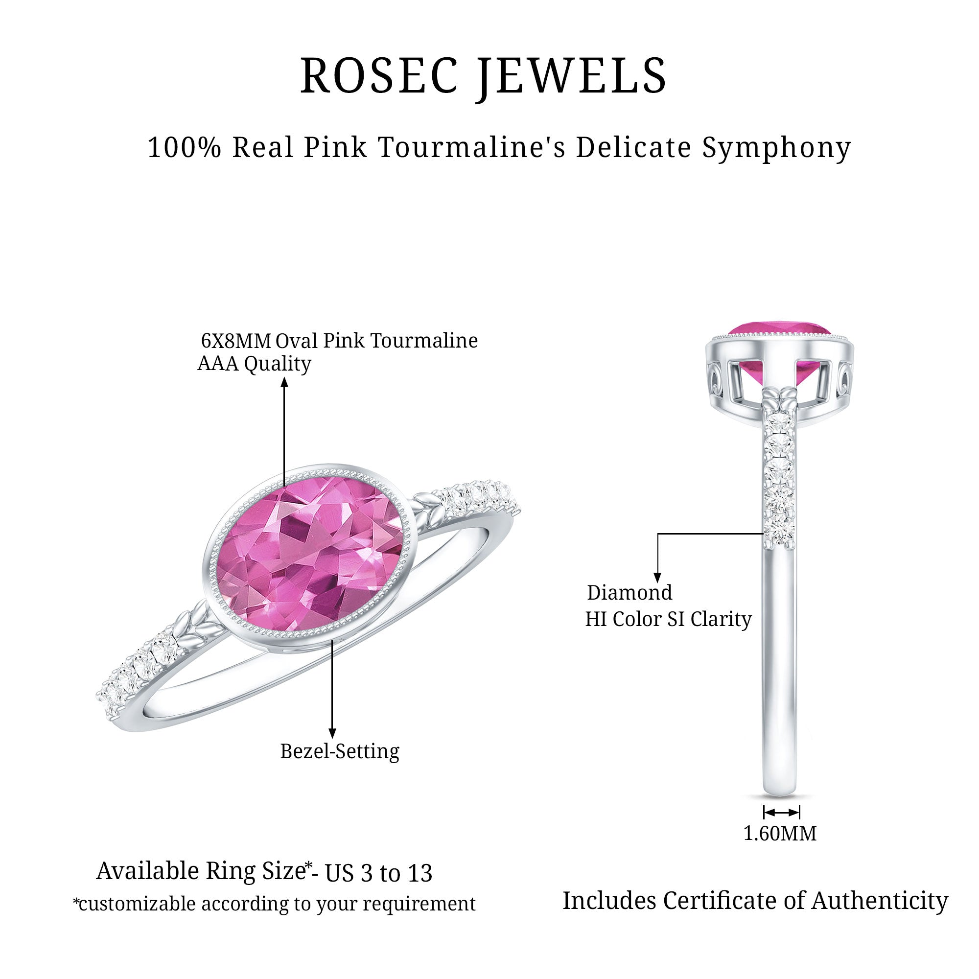 1 Carat Oval Pink Tourmaline East West Engagement Ring with Diamond AAA - Rosec Jewels