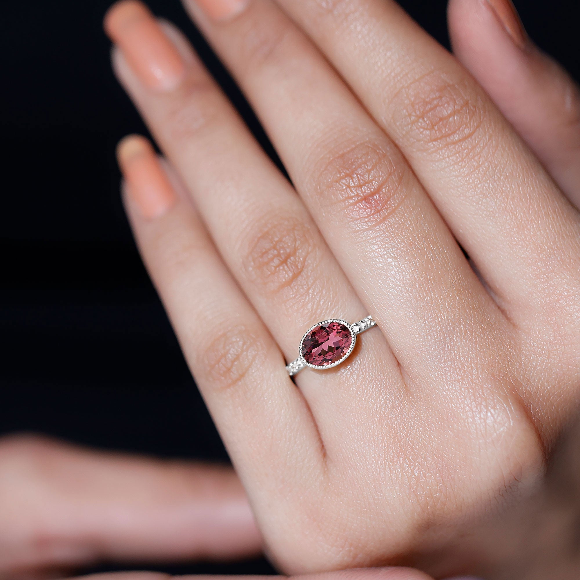 1 Carat Oval Pink Tourmaline East West Engagement Ring with Diamond AAA - Rosec Jewels