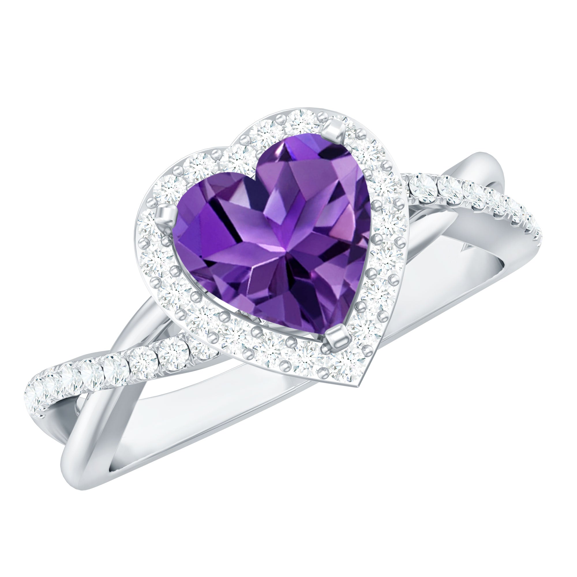 Heart Shape Amethyst Crossover Engagement Ring with Diamond