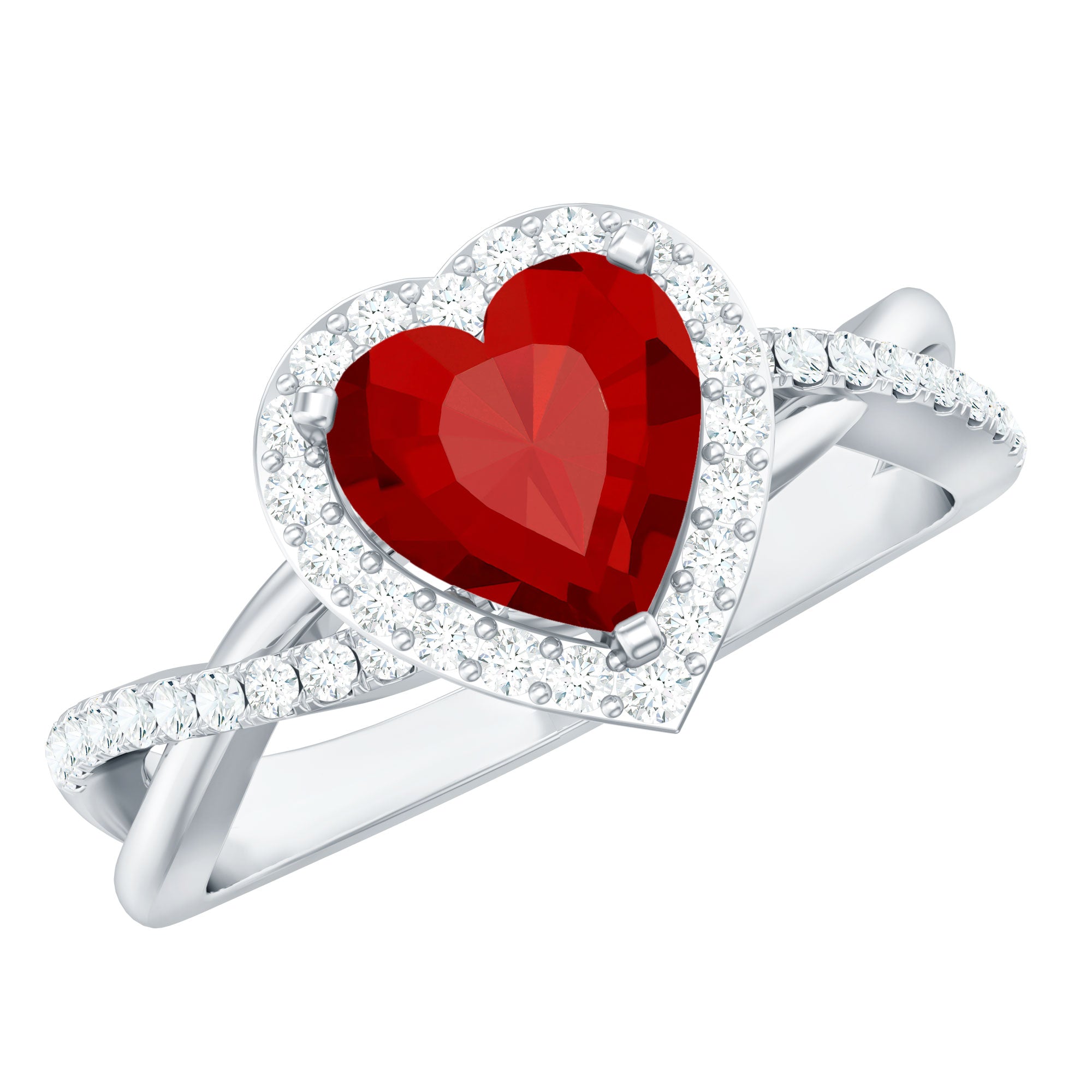 Heart Shaped Lab Created Ruby Crossover Engagement Ring with Natural Diamonds