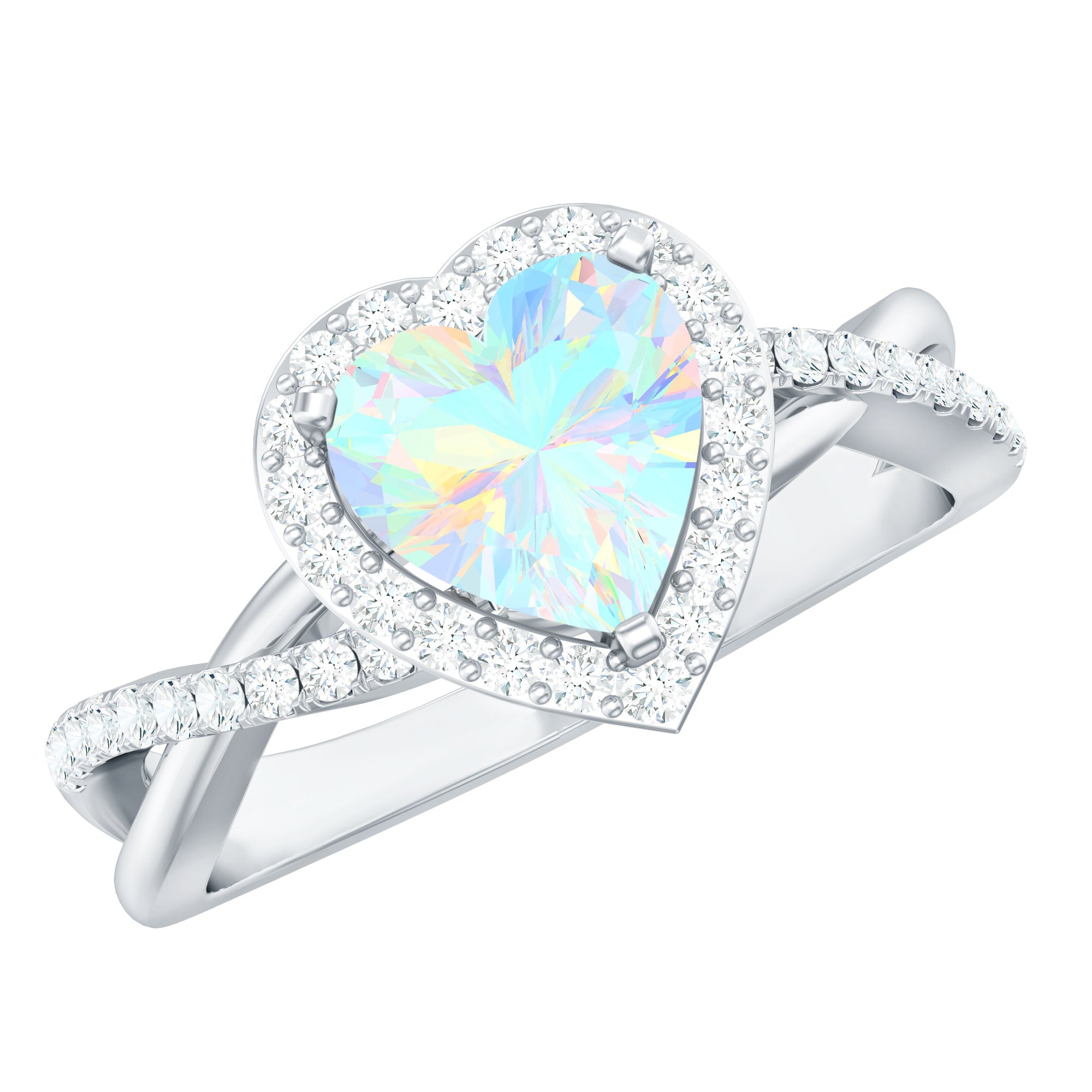 Natural Ethiopian Opal Heart Engagement Ring with Diamond Crossover Shank