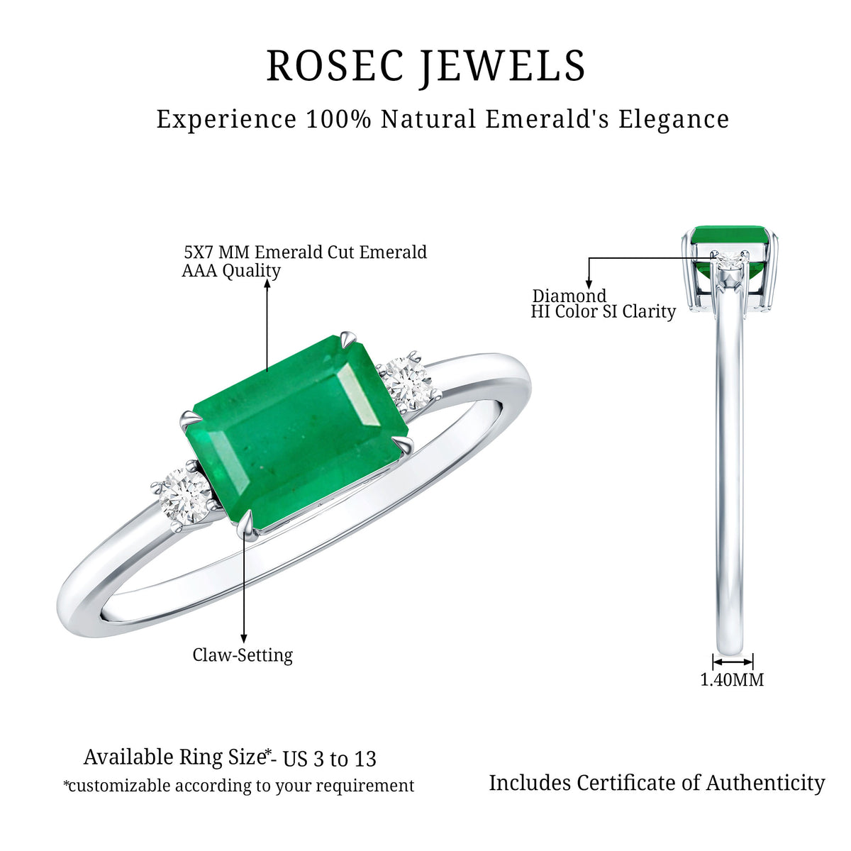 Real Emerald Cut Emerald East West Engagement Ring with Diamond AAA - Rosec Jewels