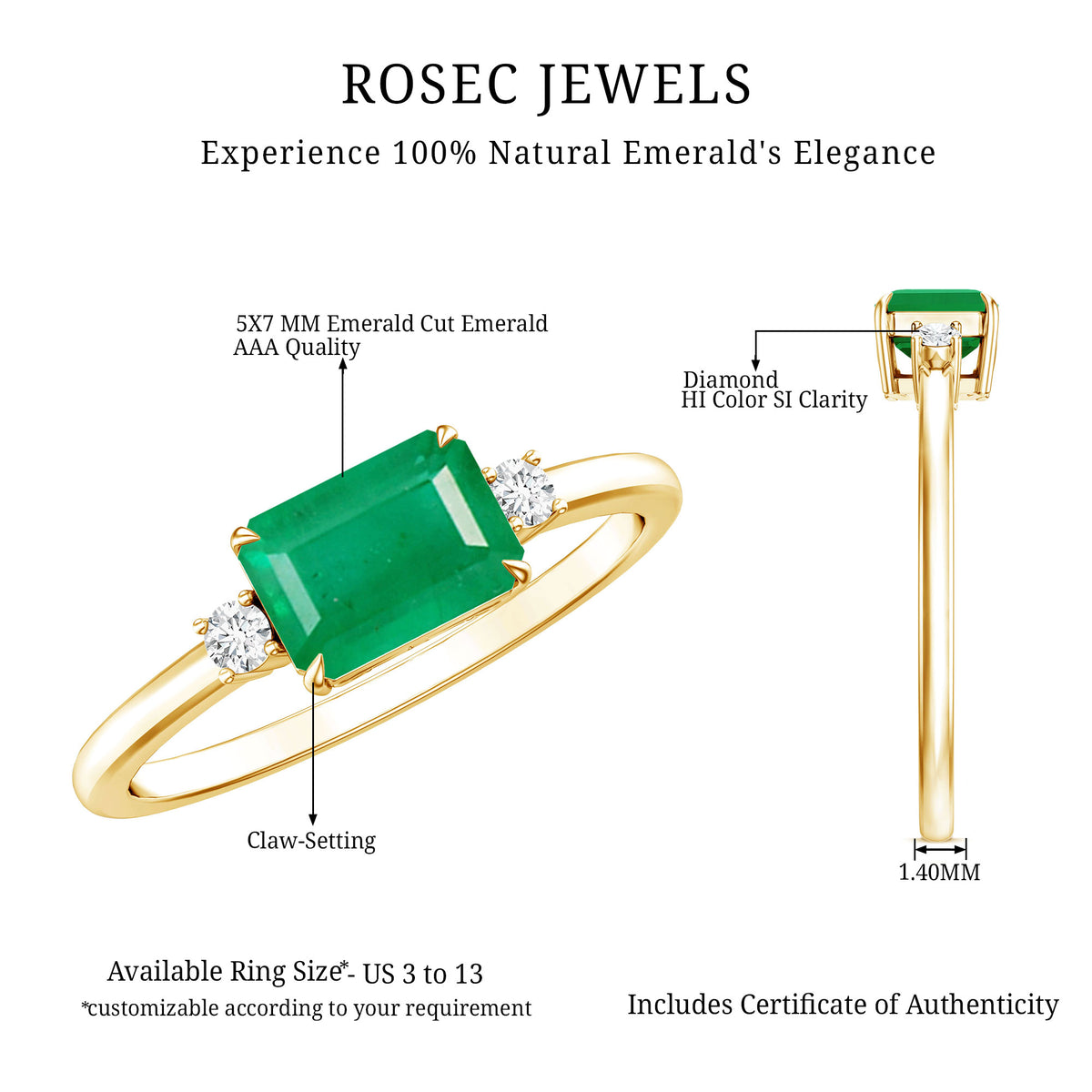 Real Emerald Cut Emerald East West Engagement Ring with Diamond AAA - Rosec Jewels