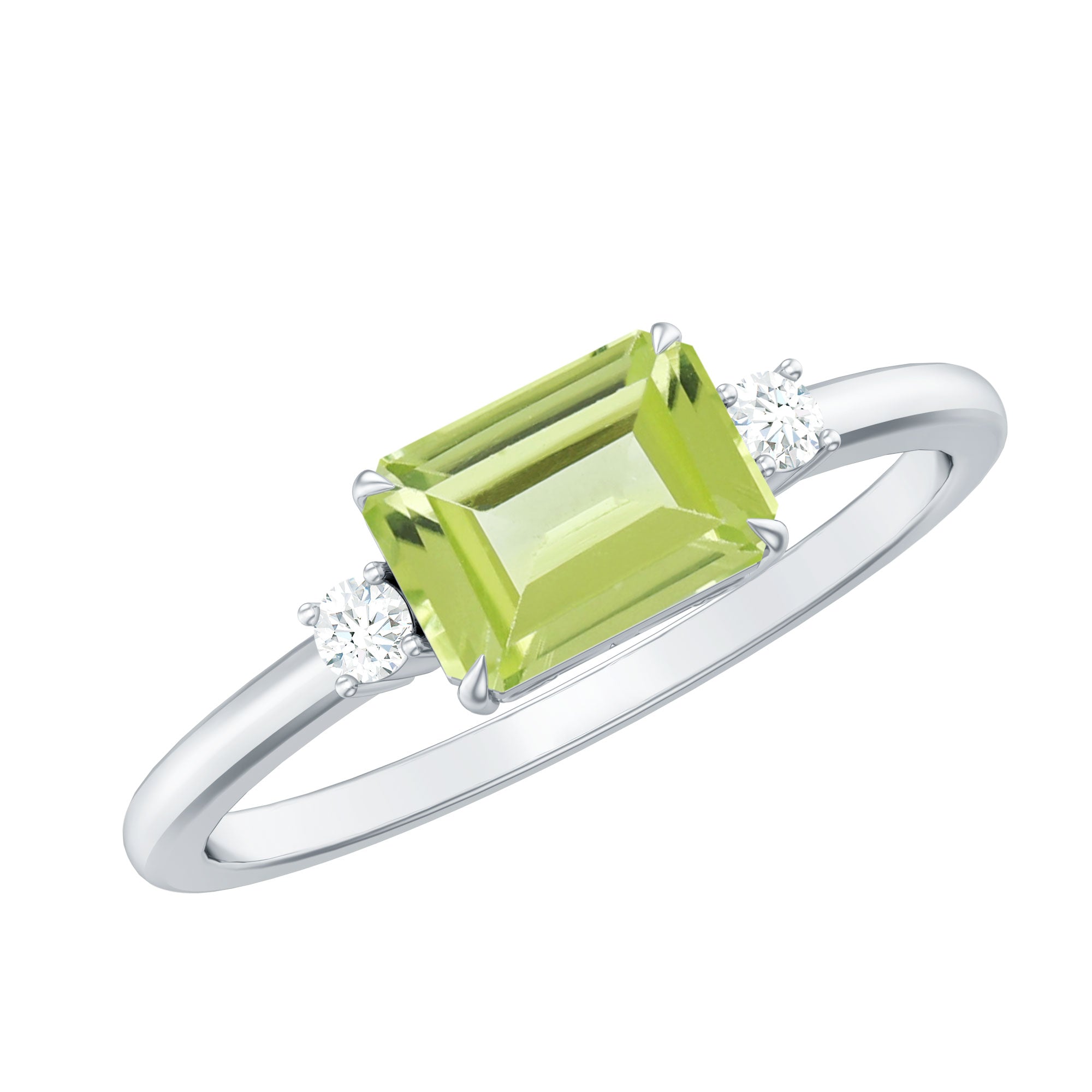 Emerald Cut Peridot East West Engagement Ring with Diamond