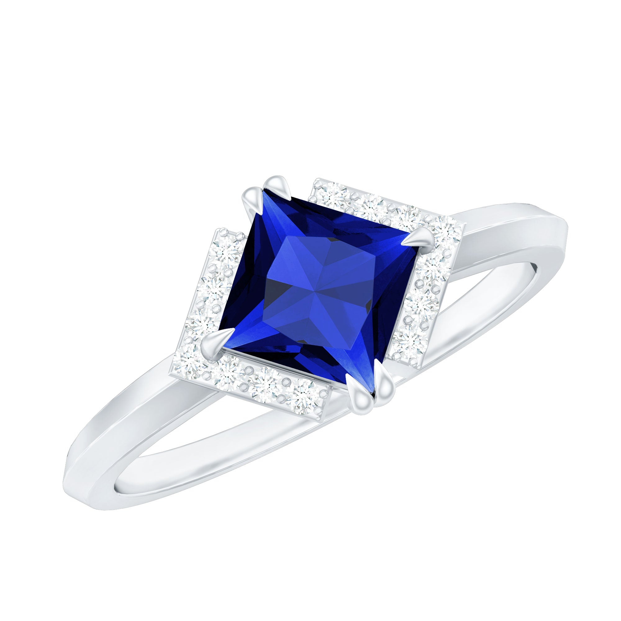 Princess Cut Created Blue Sapphire Simple Engagement Ring with Diamond