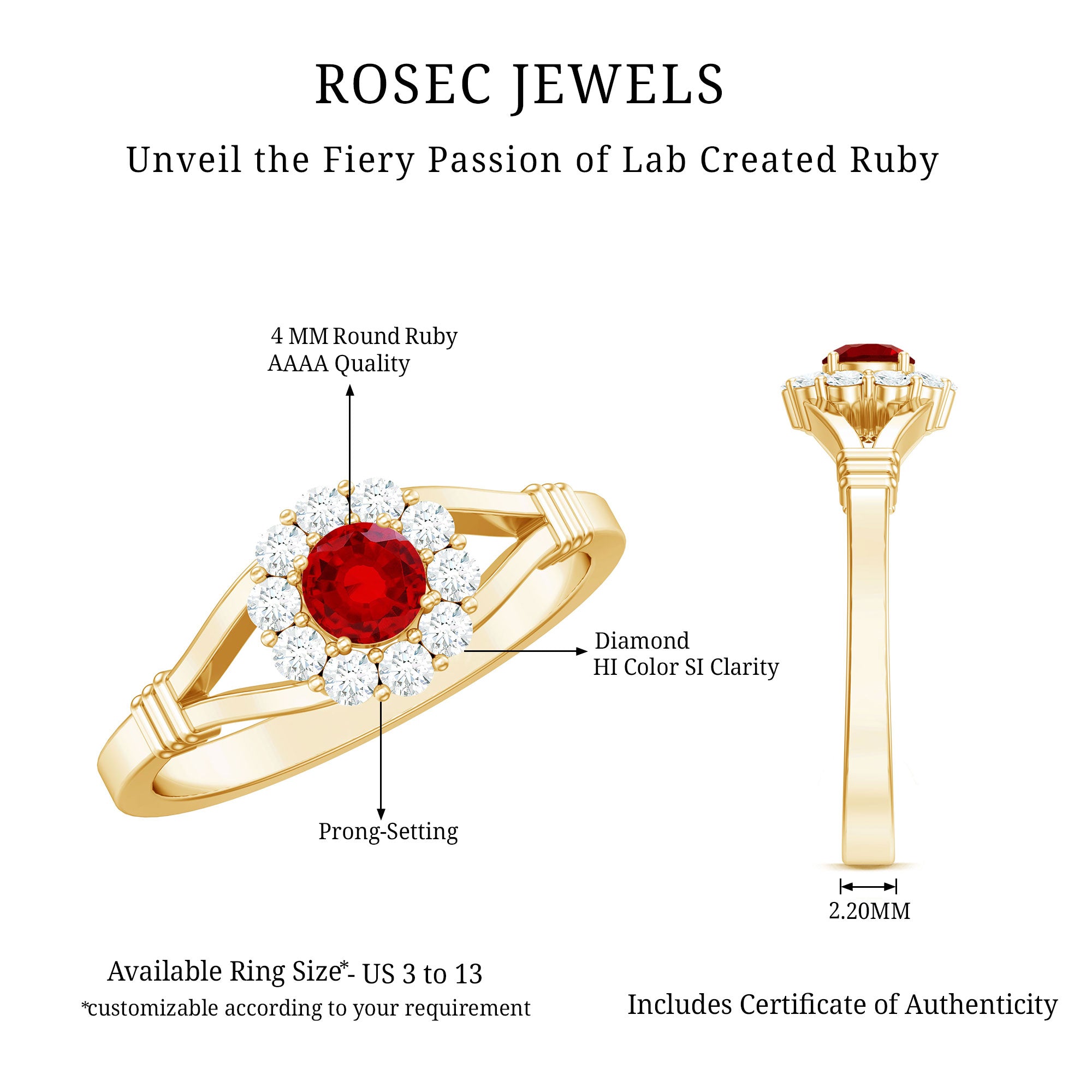 Lab Grown Ruby and Diamond Split Shank Engagement Ring AAAA - Rosec Jewels