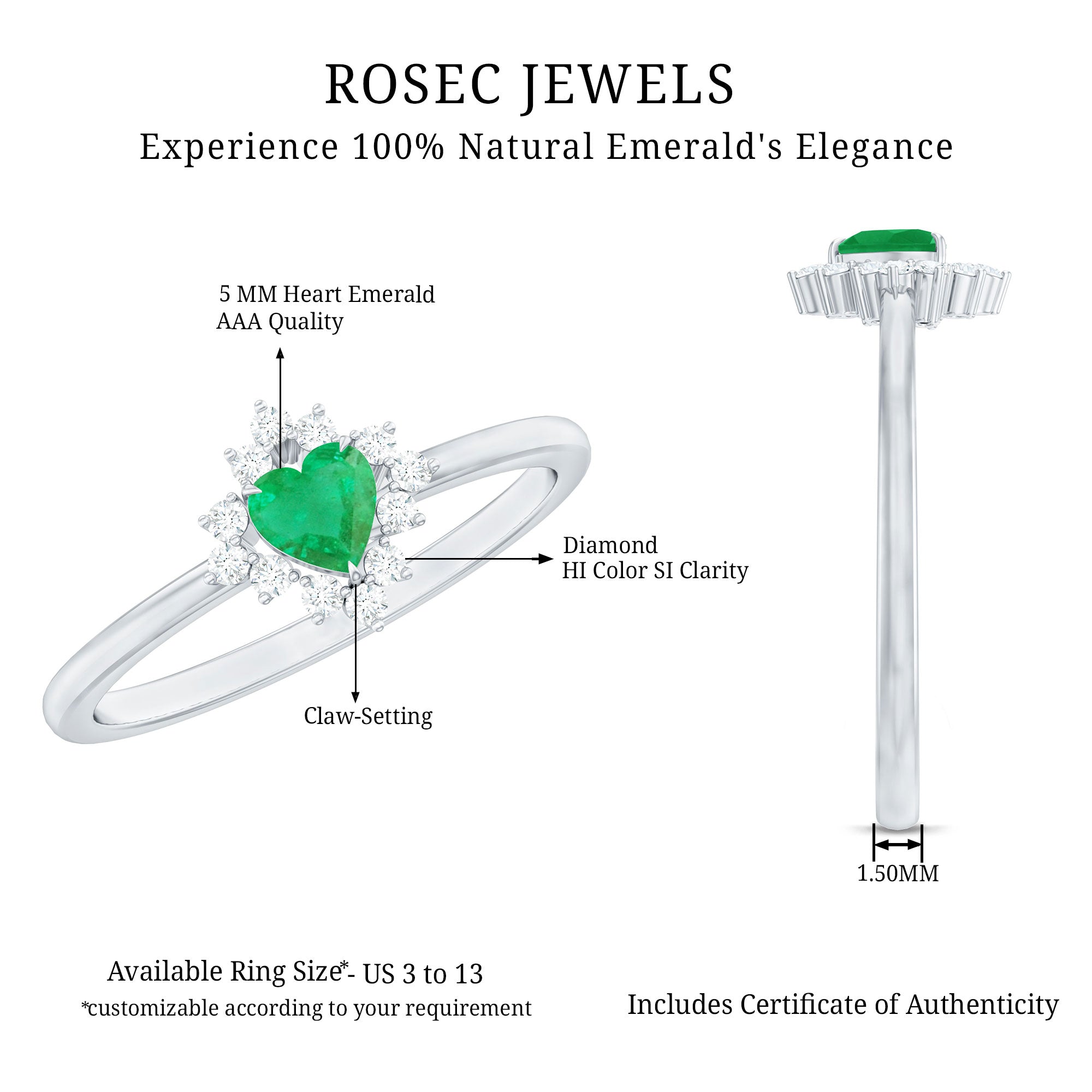 Rosec Jewels-Heart Shape Emerald and Diamond Promise Ring