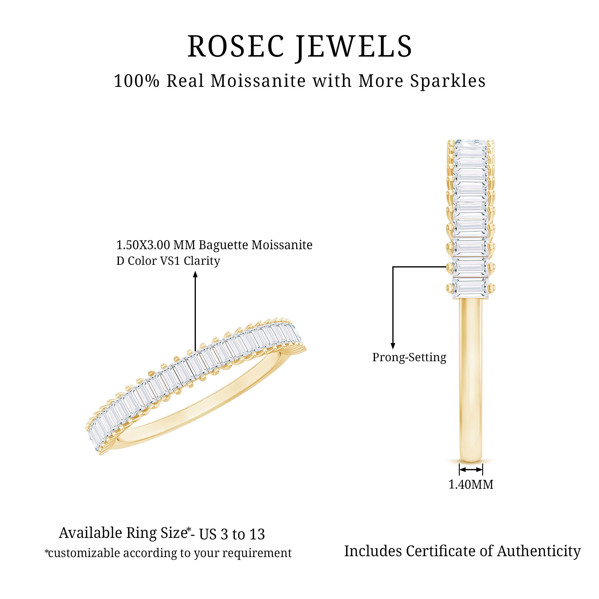 Certified Baguette Moissanite Half Eternity Band Ring D-VS1 - Rosec Jewels