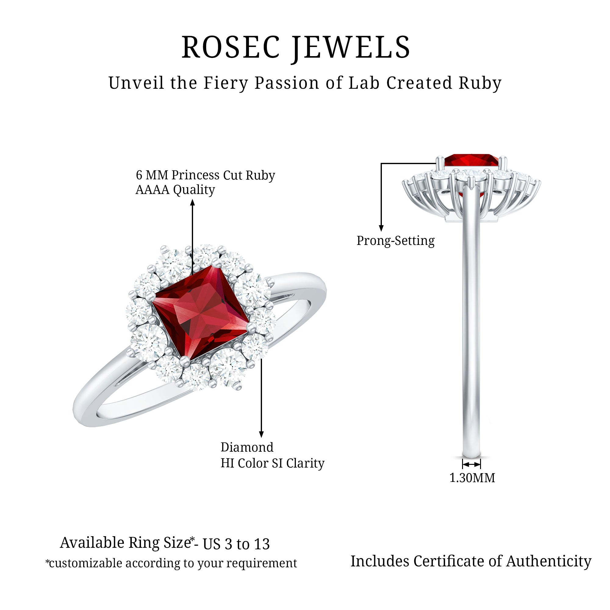 Certified Lab Grown Ruby Princess Cut Engagement Ring with Diamond Halo AAAA - Rosec Jewels