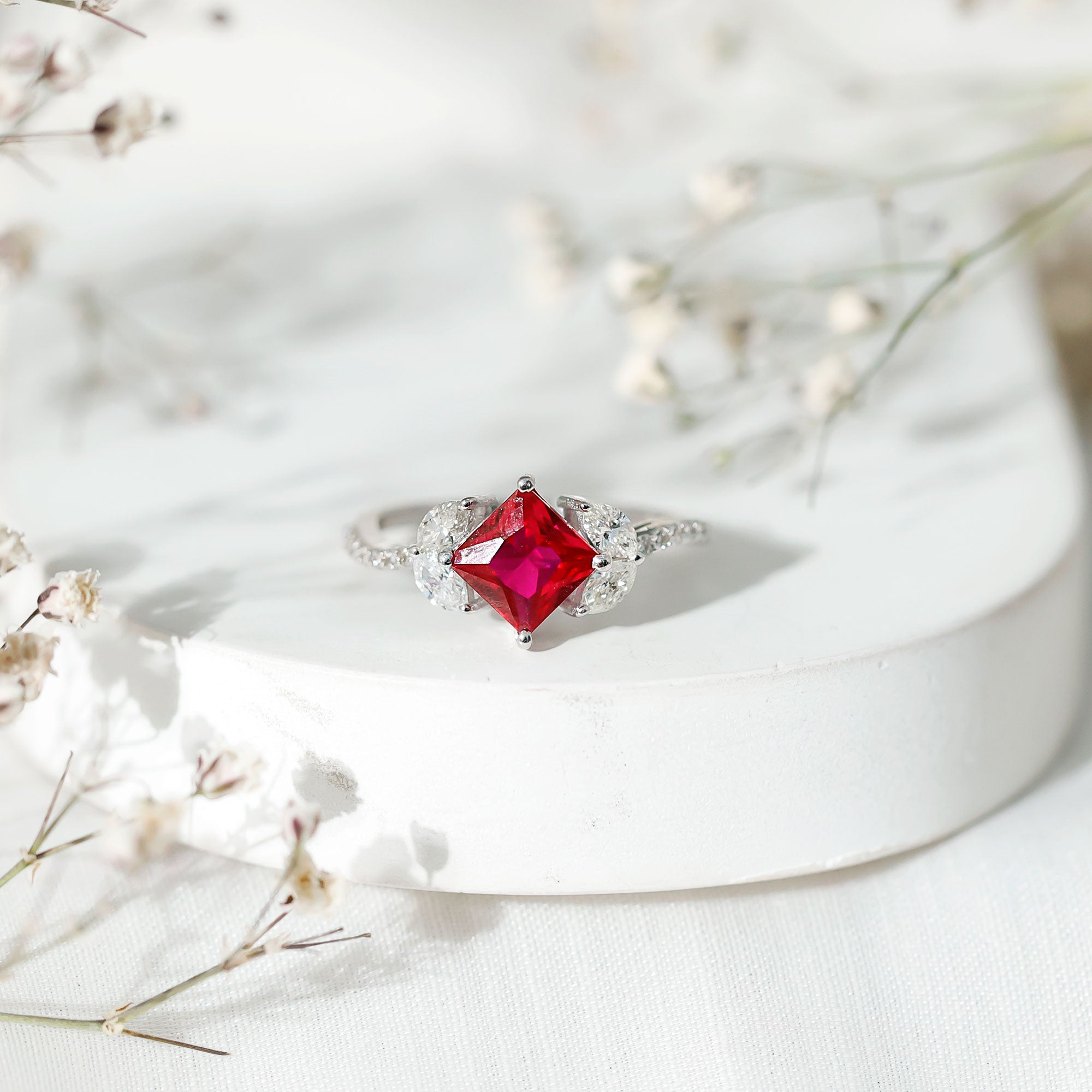Princess Cut Lab Grown Ruby Solitaire Ring with Diamond AAAA - Rosec Jewels