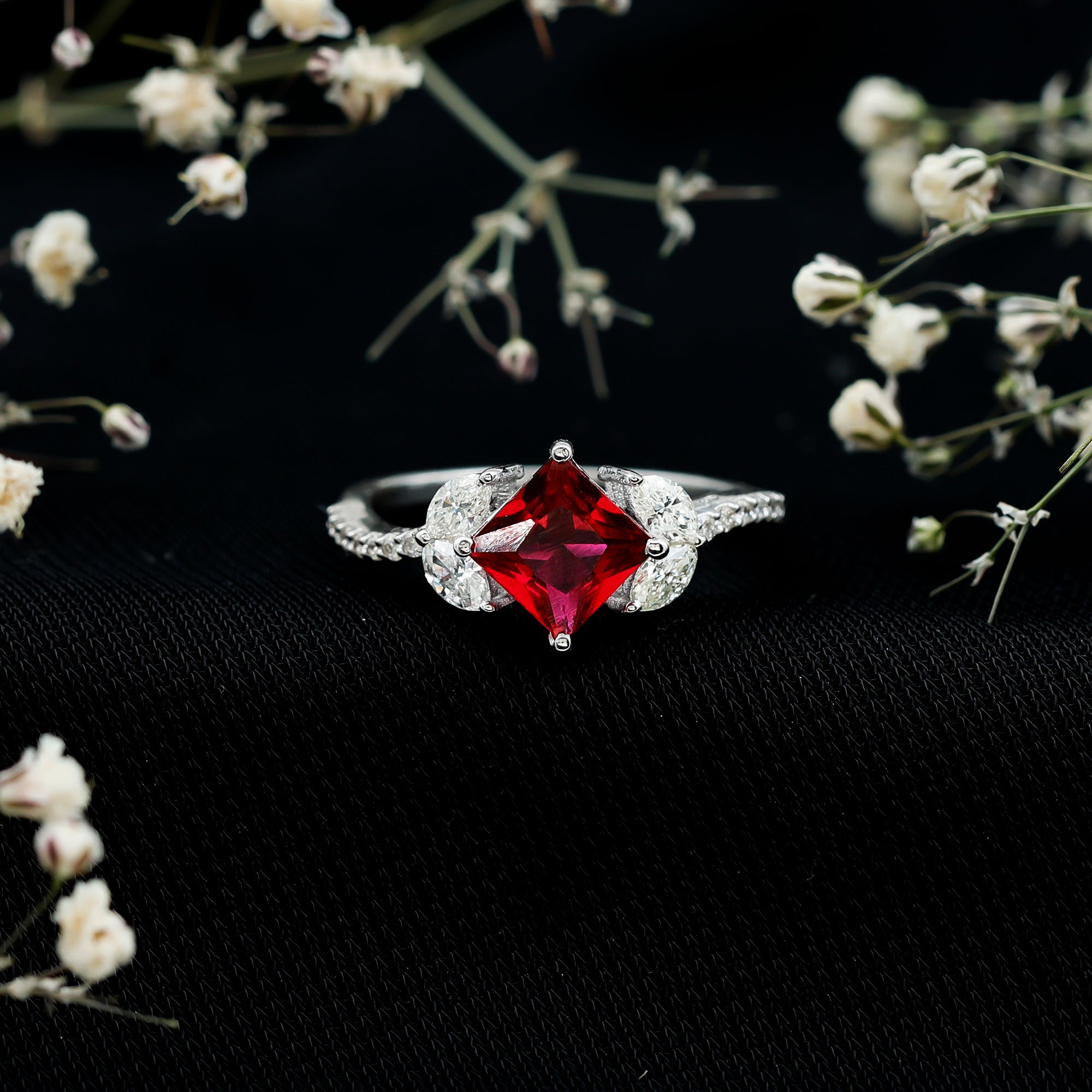 Princess Cut Lab Grown Ruby Solitaire Ring with Diamond AAAA - Rosec Jewels
