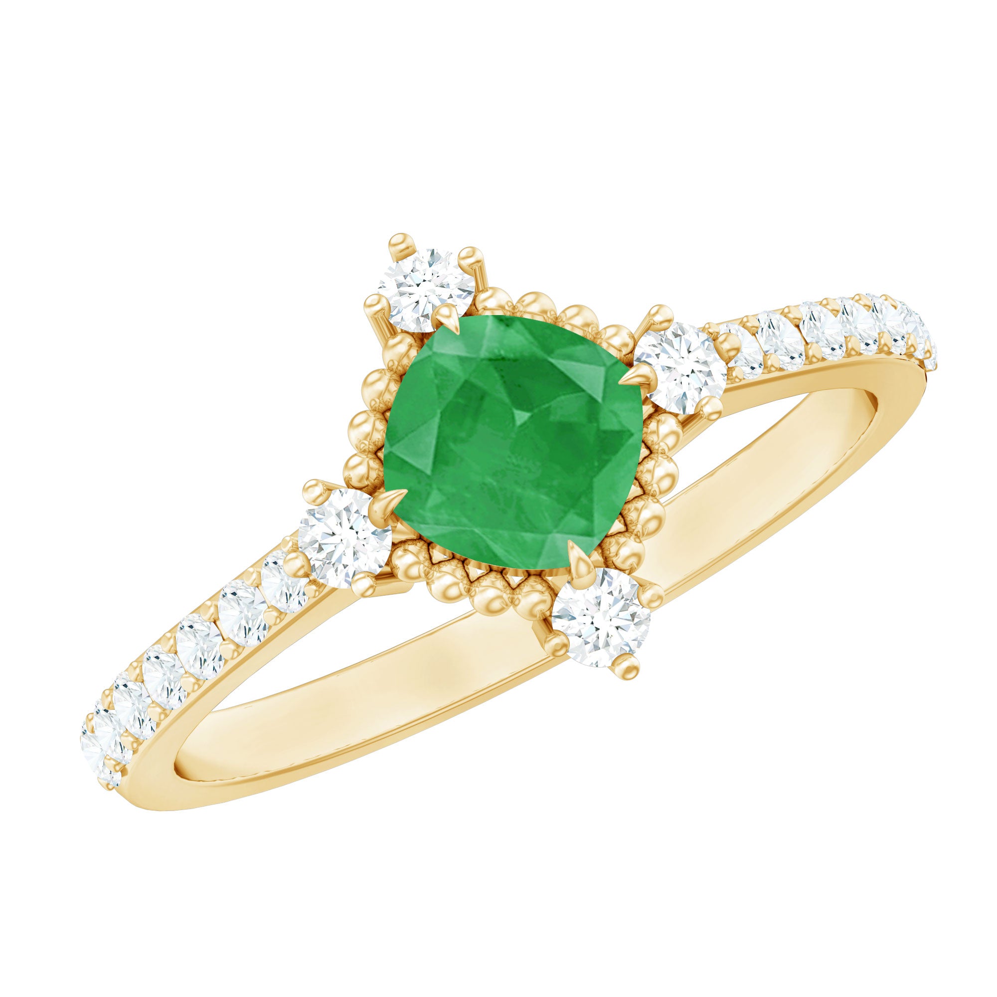 Antique Looking Real Emerald Cushion Cut Engagement Ring with Diamond AAA - Rosec Jewels