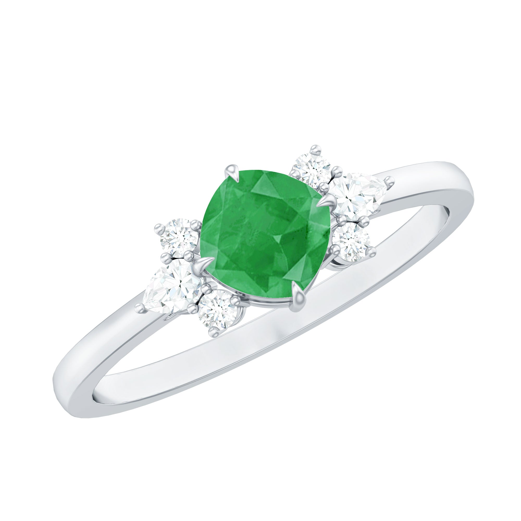 Certified Real Cushion Cut Emerald Engagement Ring with Diamond Trio