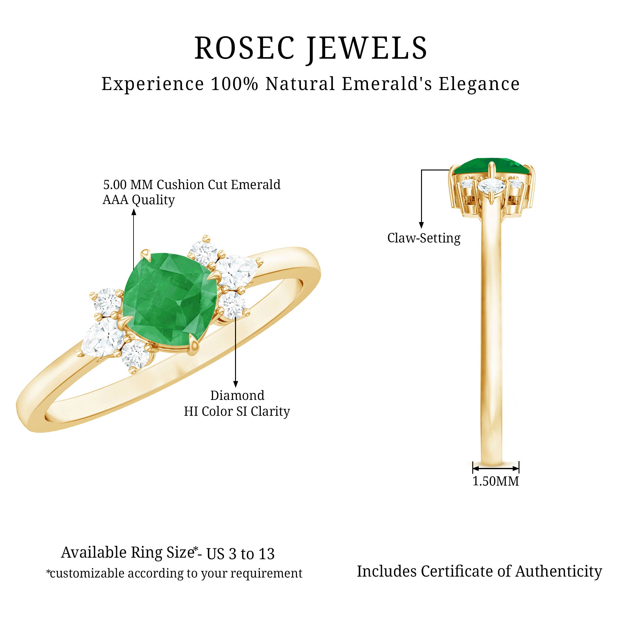 Certified Real Cushion Cut Emerald Engagement Ring with Diamond Trio AAA - Rosec Jewels
