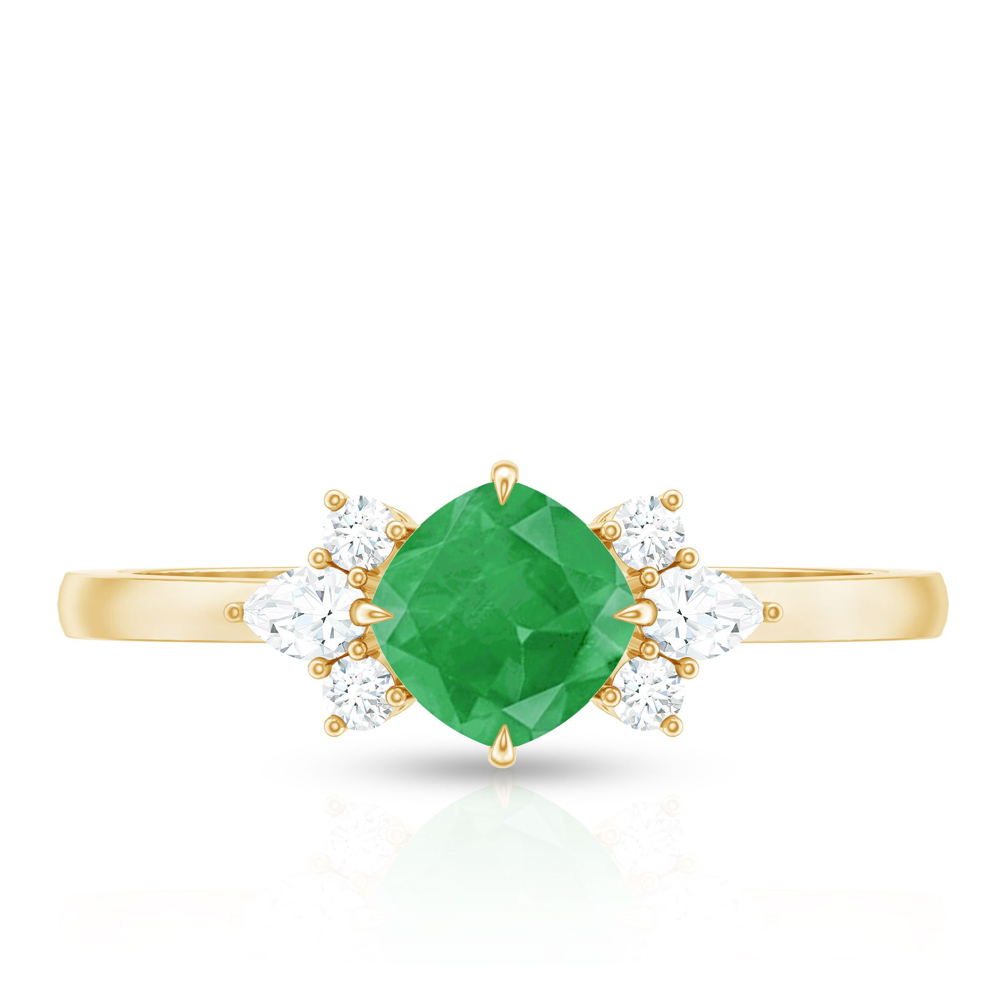 Certified Real Cushion Cut Emerald Engagement Ring with Diamond Trio AAA - Rosec Jewels