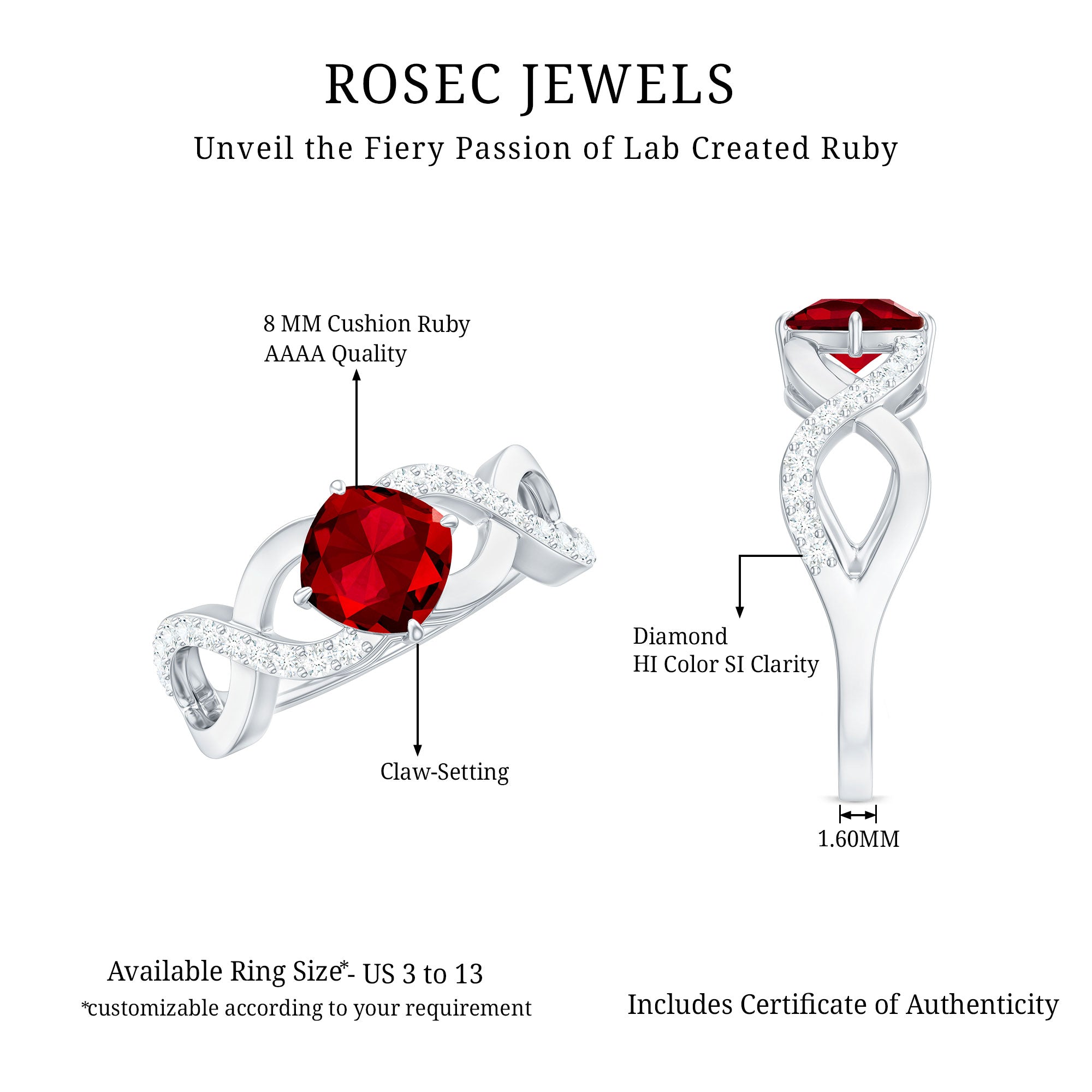 Rosec Jewels-Cushion Cut Lab Grown Ruby and Diamond Crossover Engagement Ring