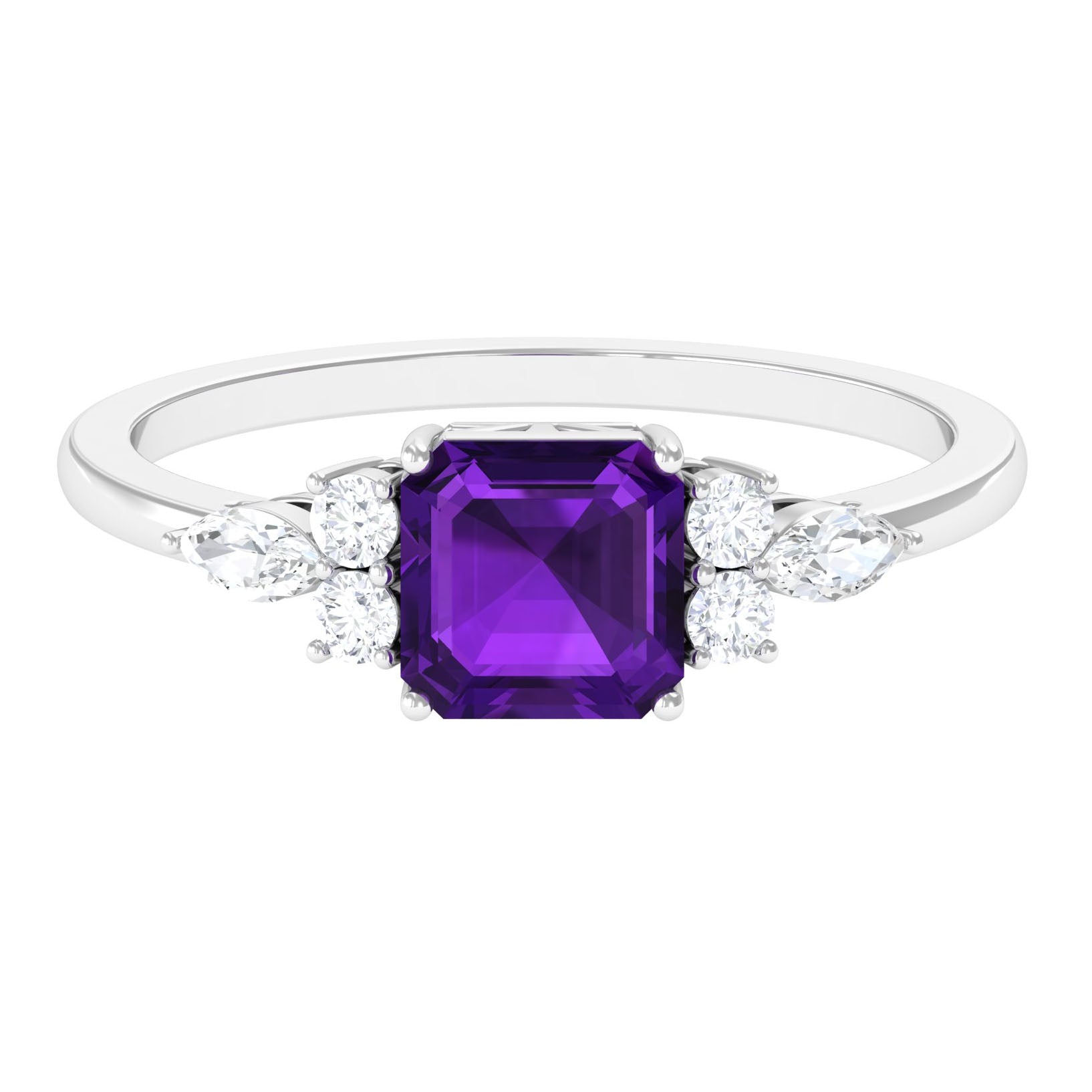 Asscher Cut Amethyst Solitaire Engagement Ring with Diamond Trio