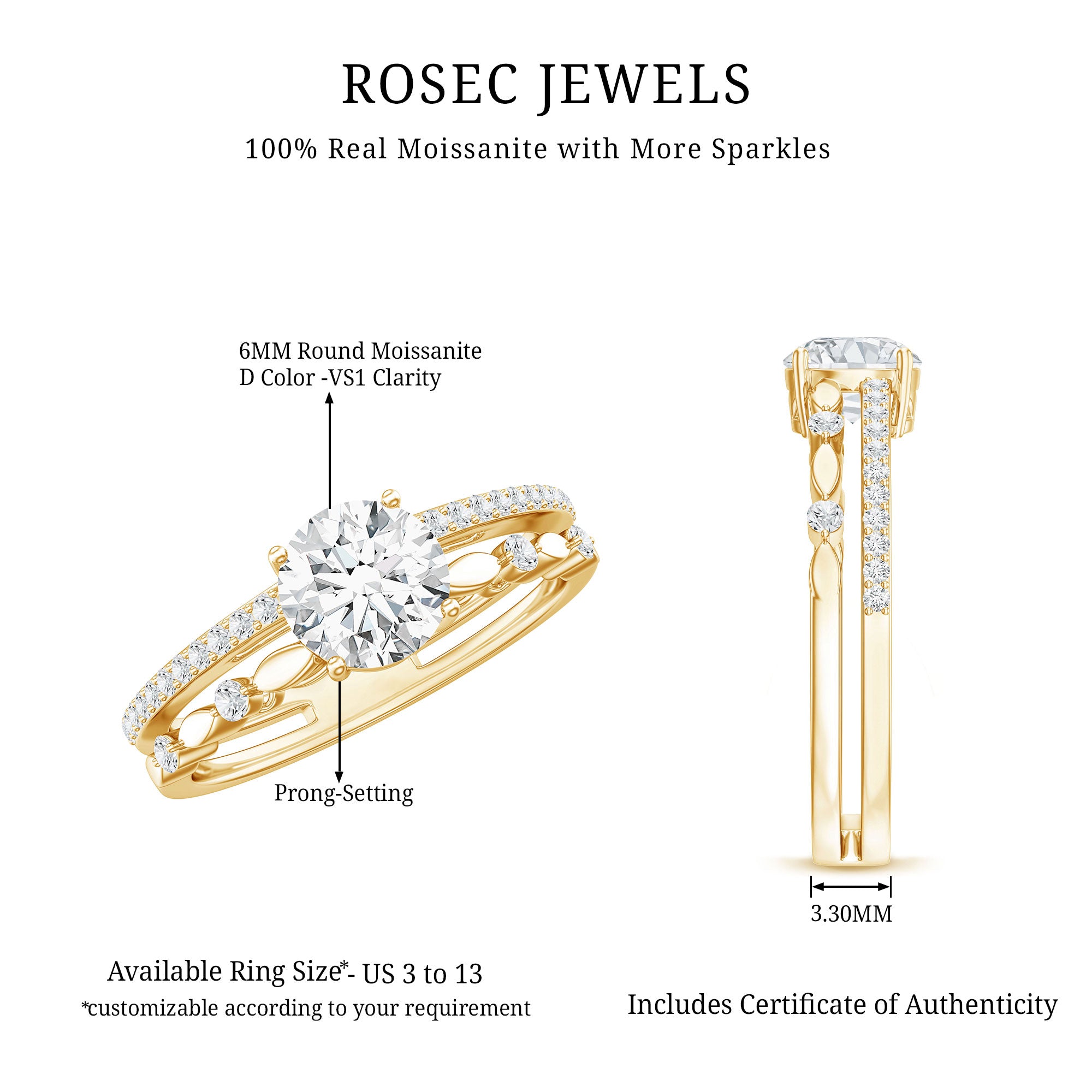 Certified Round Shape Moissanite Designer Engagement Ring D-VS1 - Rosec Jewels