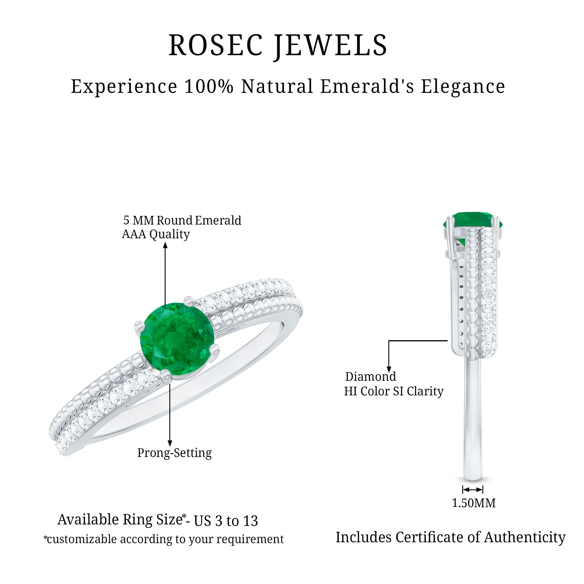 Certified Real Emerald Diamond Engagement Ring with Beaded Detailing AAA - Rosec Jewels