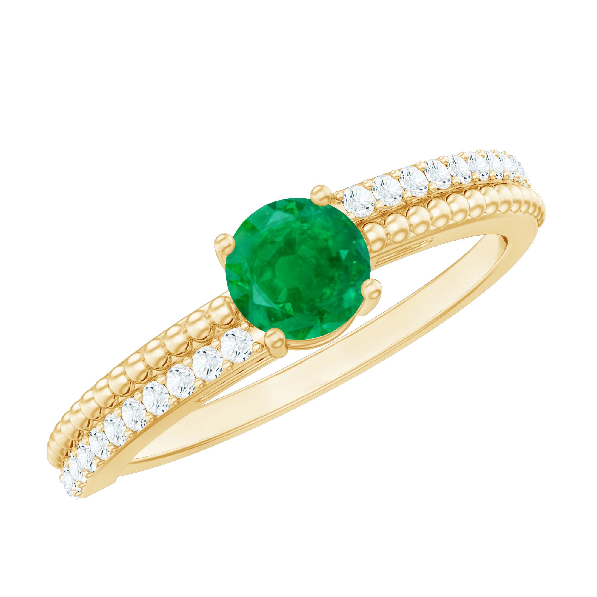 Certified Real Emerald Diamond Engagement Ring with Beaded Detailing AAA - Rosec Jewels