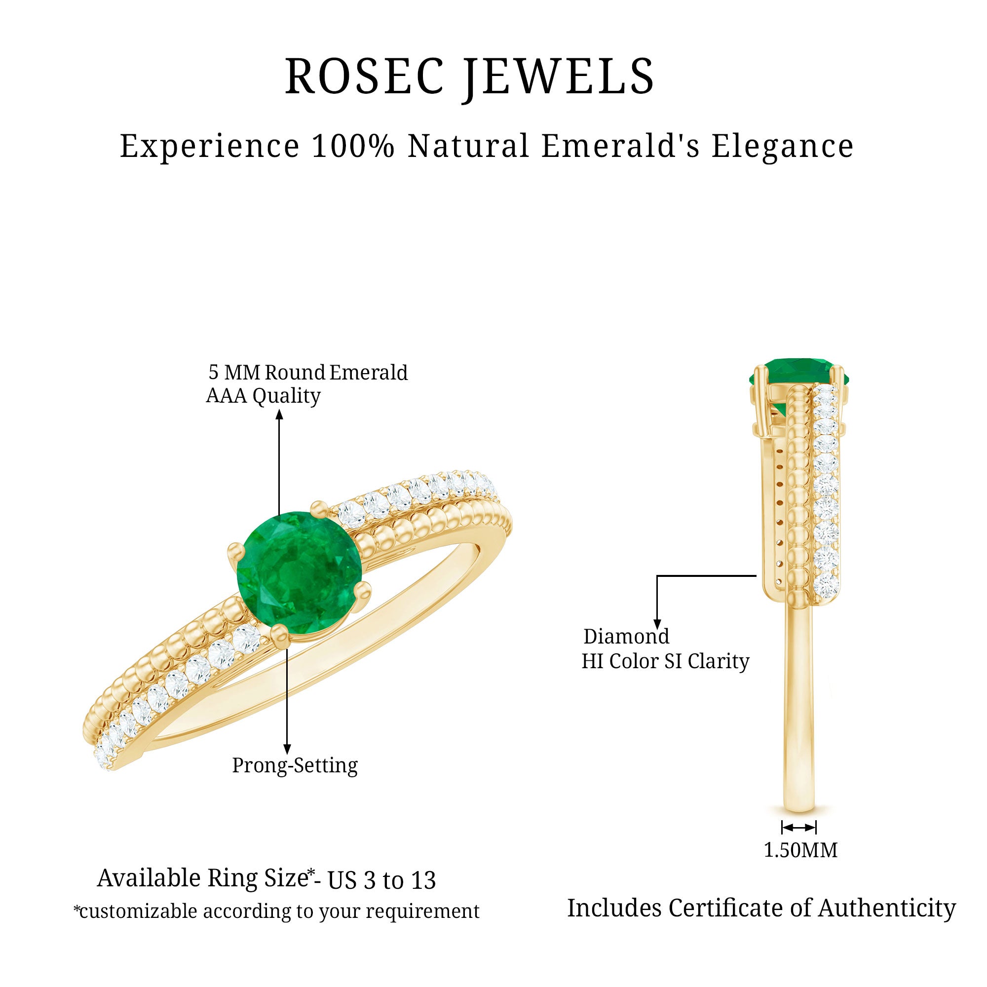 Certified Real Emerald Diamond Engagement Ring with Beaded Detailing AAA - Rosec Jewels