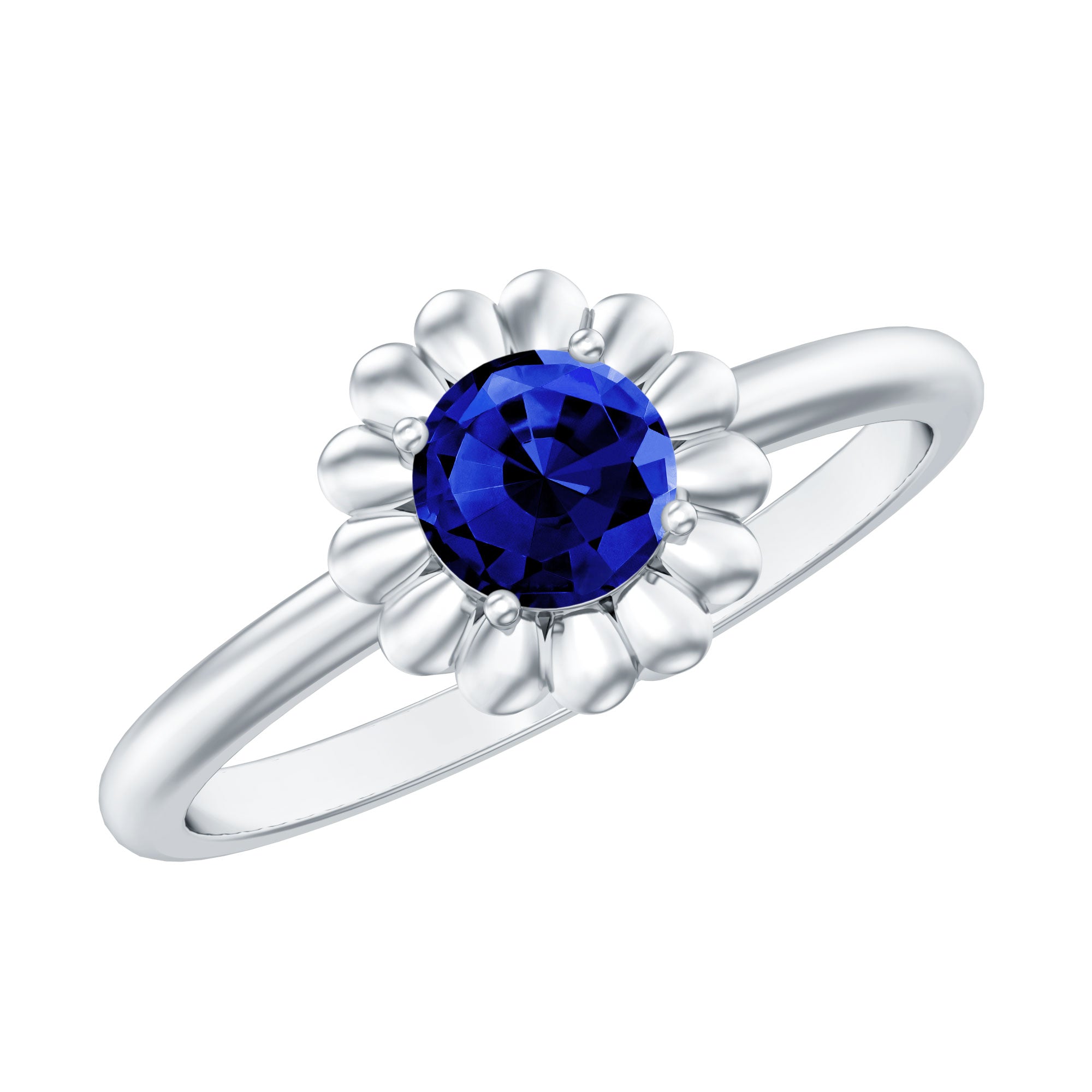 5 MM Round Lab Created Blue Sapphire Gold Floral Solitaire Ring in Prong Setting