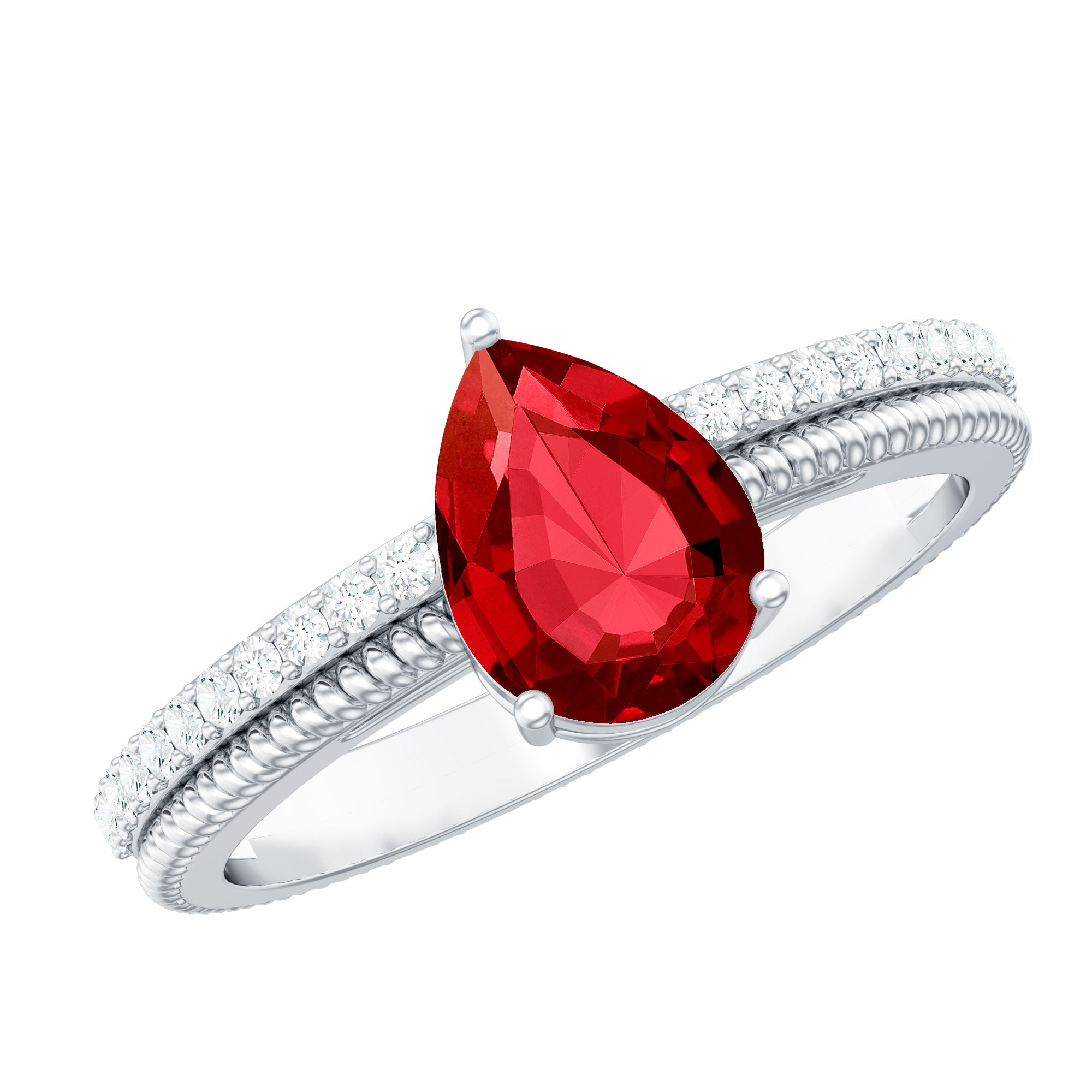 Solitaire Lab Grown Ruby Teardrop Engagement Ring with Diamonds