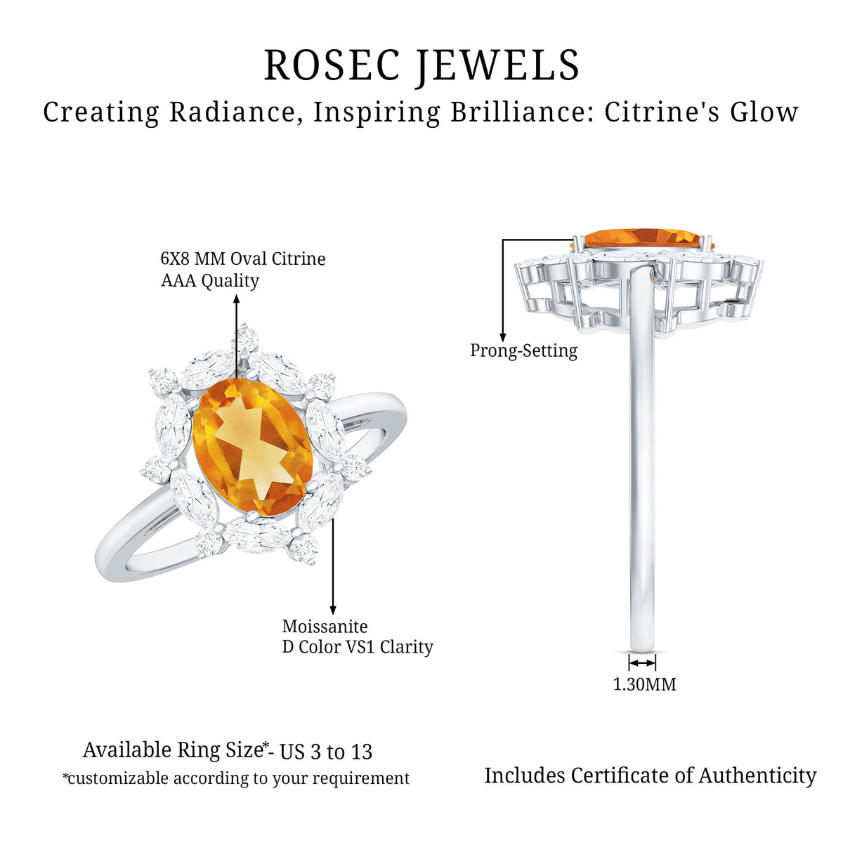 Certified Genuine Citrine Huge Engagement Ring with Moissanite Halo AAA - Rosec Jewels