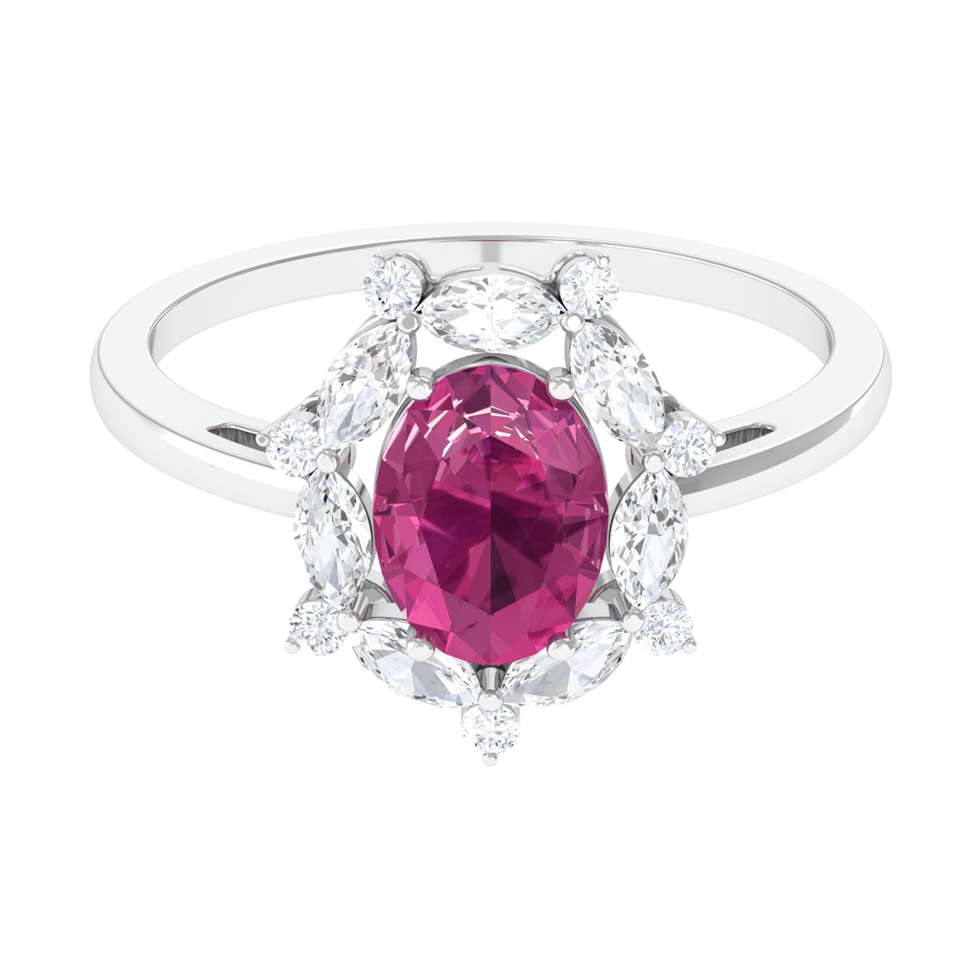 Oval Pink Tourmaline Designer Engagement Ring with Moissanite Halo