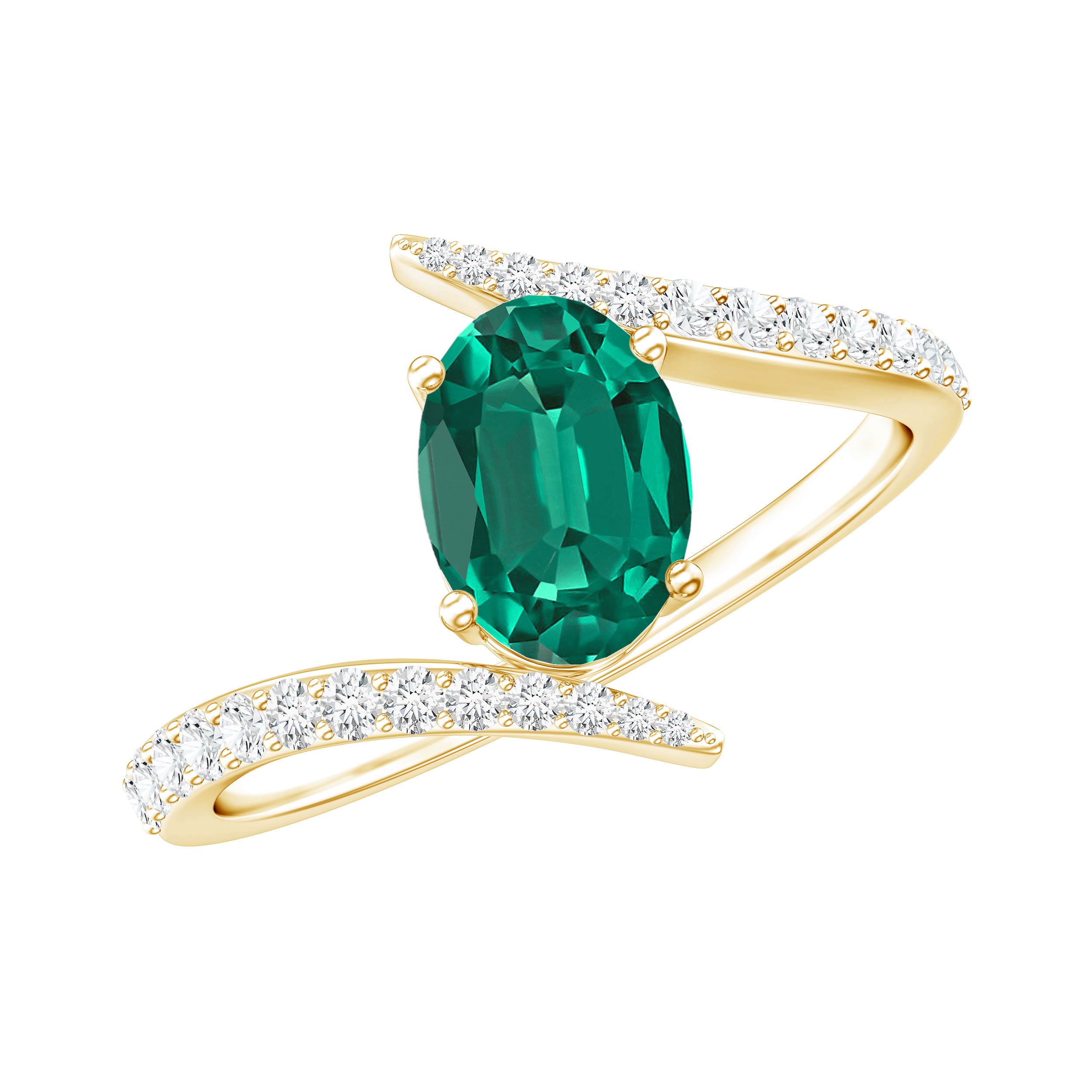 Certified 0.8 Carat Oval Cut Lab Grown Emerald Engagement Ring with Diamond Bypass Shank AAAA - Rosec Jewels