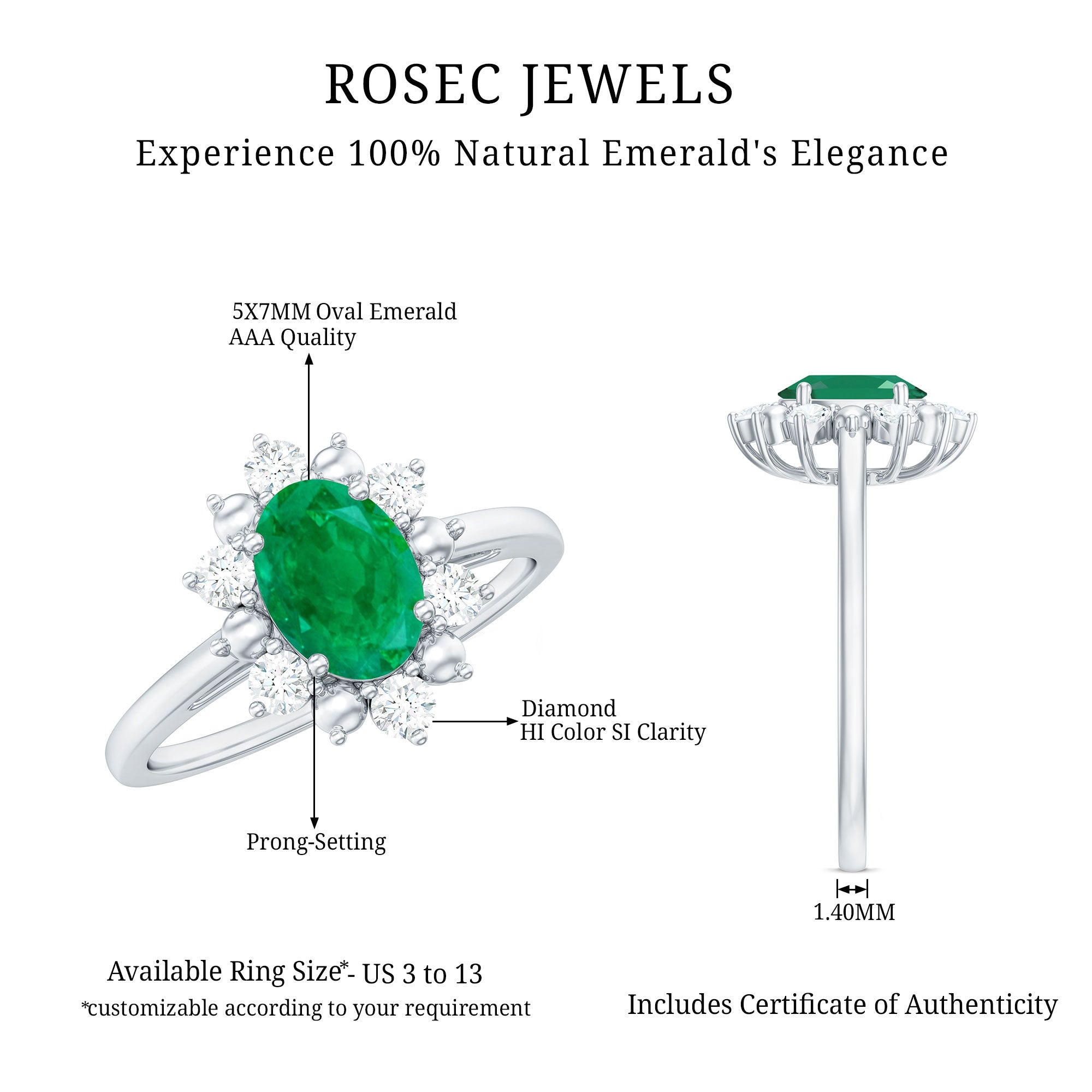 Rosec Jewels-Natural 5X7mm Oval Emerald Engagement Ring with Diamond Halo