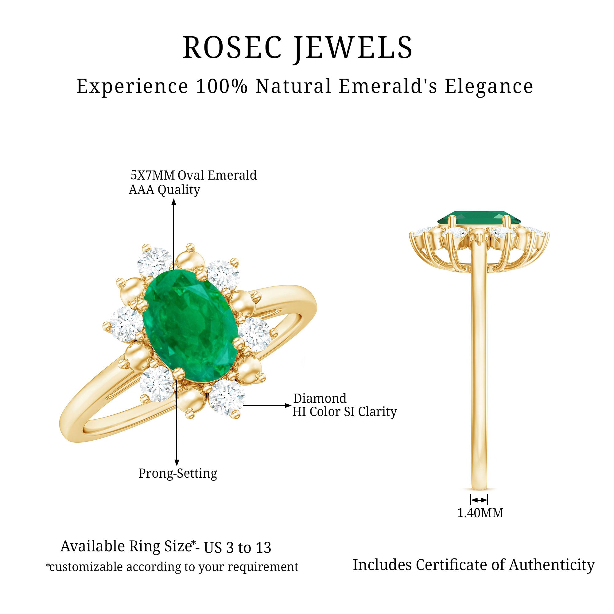 Rosec Jewels-Natural 5X7mm Oval Emerald Engagement Ring with Diamond Halo