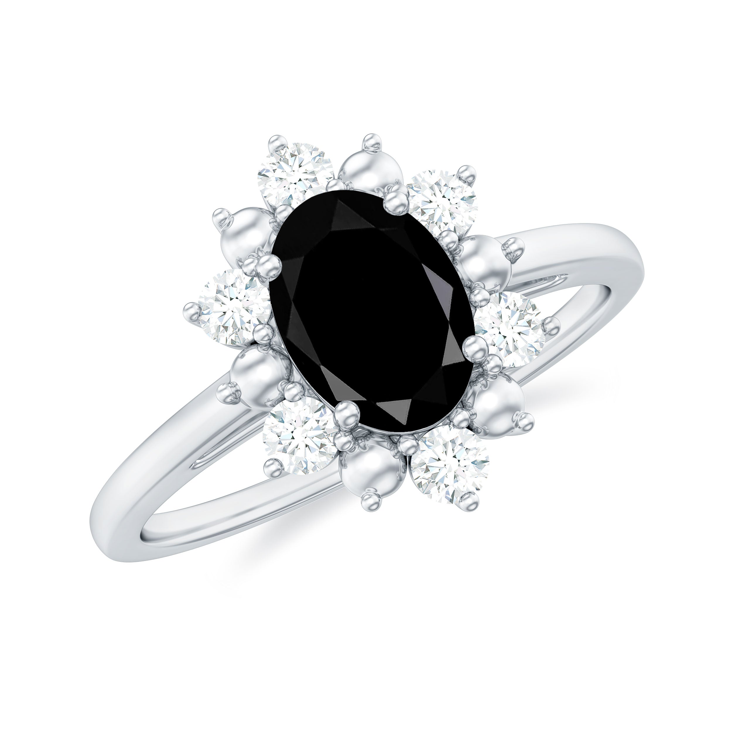Oval Created Black Diamond Floral Halo Engagement Ring with Diamond